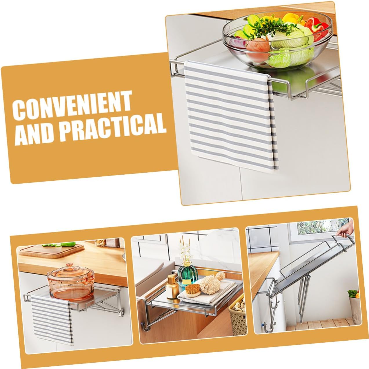 Stainless Steel Foldable Kitchen Door Hanging Shelf Organizer Non-punching Space-saving Spice Rack Storage for Cabinets Anti-aging Shelf with Strong Load-bearing for Residential