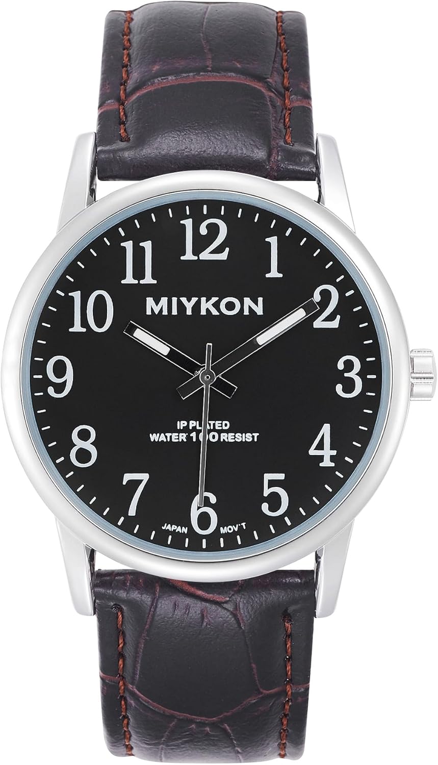 Miykon Casual Analog Watches for Men - Minimalist Easy Reader Mens Dress Watches with Genuine Leather Strap - Ion Polished, Scratch Resistant Glass, Japanese Quartz, Waterproof to 100ft