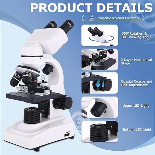 Miniatura 6 de Microscopio para adultos y niños, microscopio binocular compuesto 40-2500X con etapas mecánicas y perilla coaxial de enfoque gruesofino, adecuado