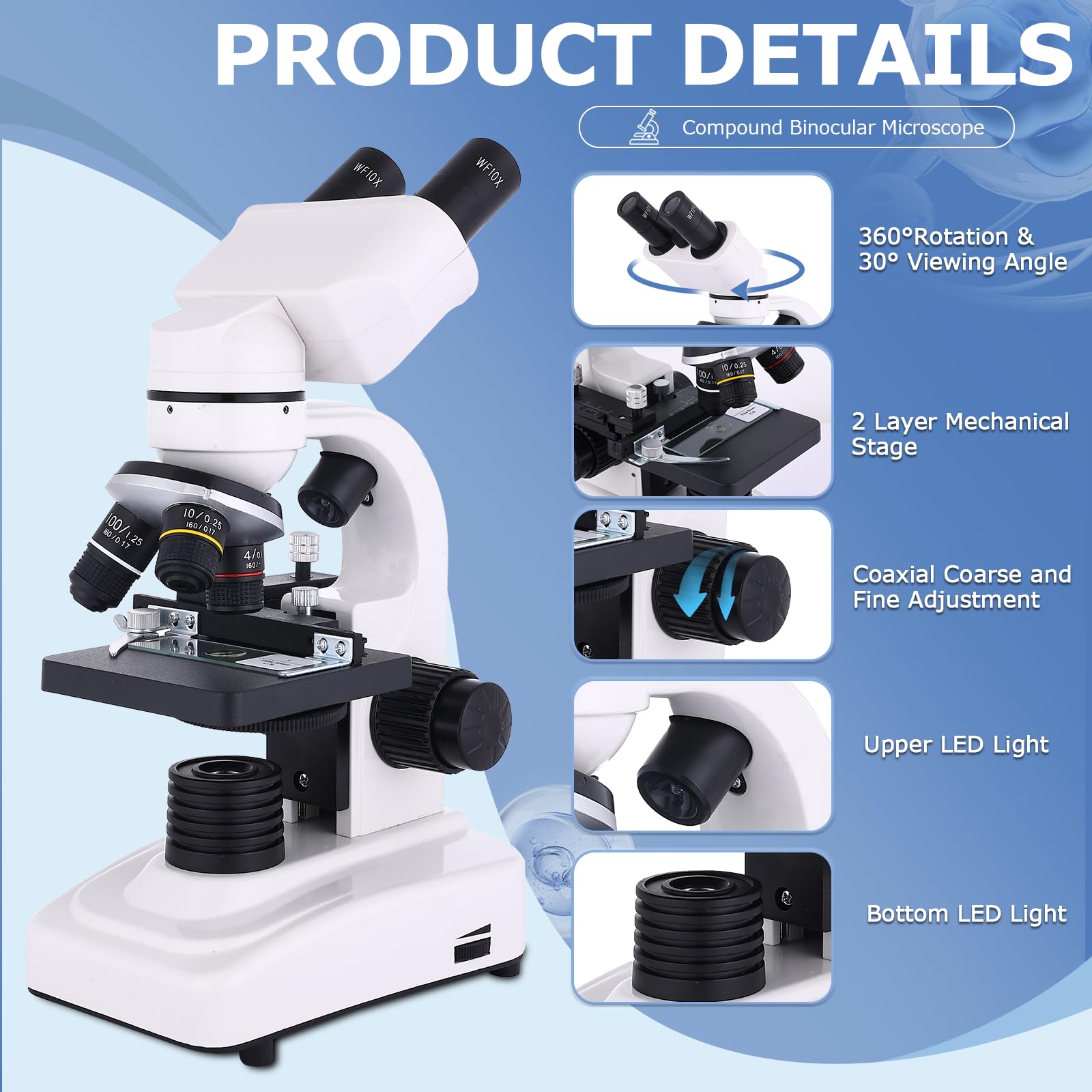 Microscopio para adultos y niños, microscopio binocular 40-2500X para laboratorio escolar y escuela en casa, con etapas mecánicas, juego de diapositivas y soporte para teléfono