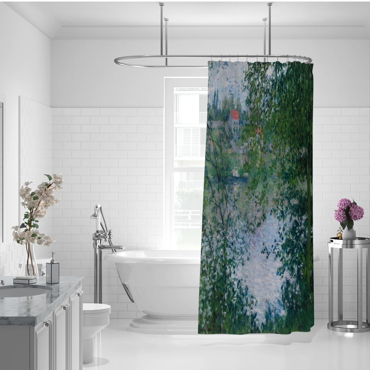 Impresjonistyczne zasłony prysznicowe w stylu retro, zielone drzewa, rzeka, natura, wodoodporne, szybkoschnące, z haczykami, 150 x 200 cm