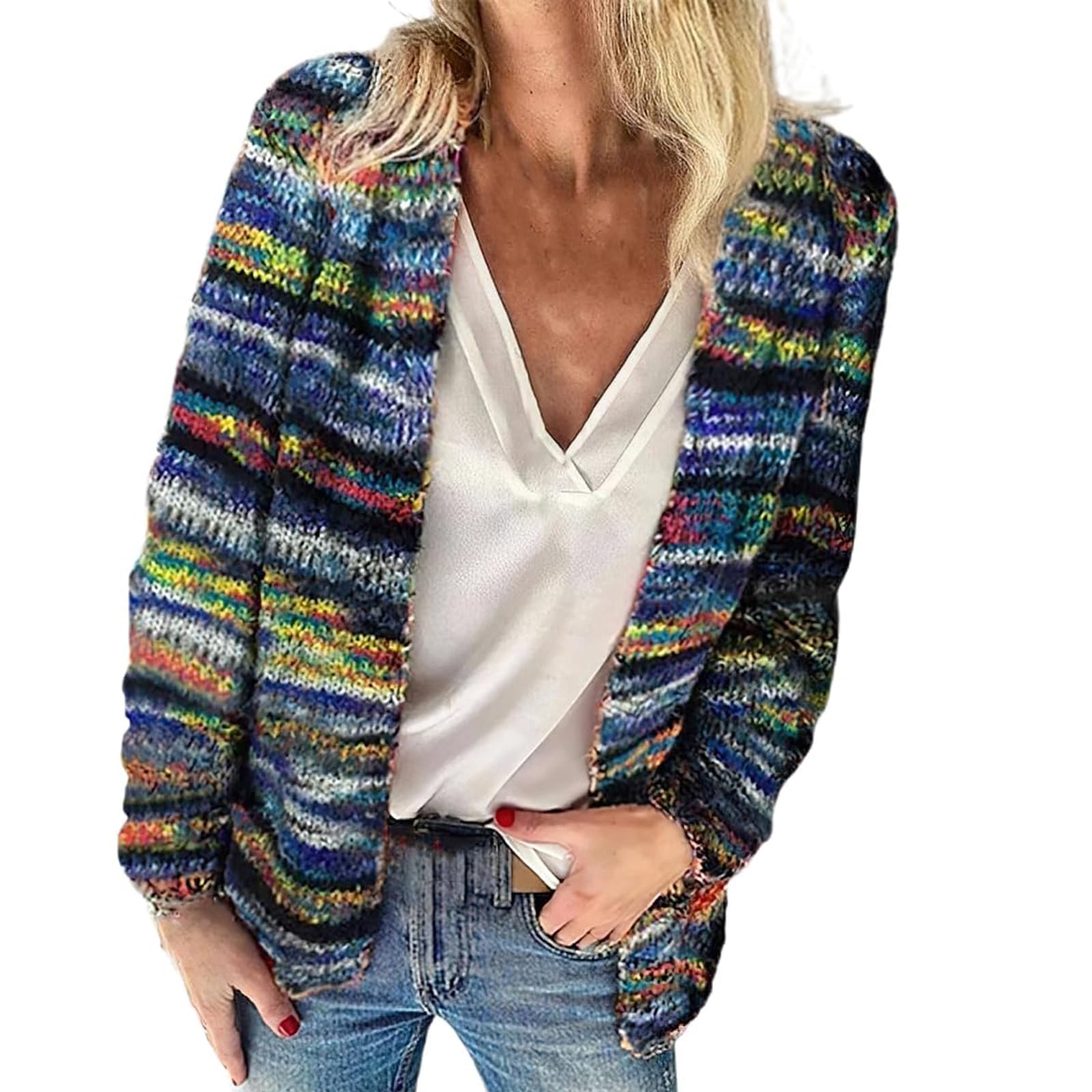 NbzsmlknLauren Elegant Cardigan,Women's Rainbow Striped Multicolor Long Sleeve Cable Knitted Cardigan Sweater,Draped Kimono Style Casual Outwear