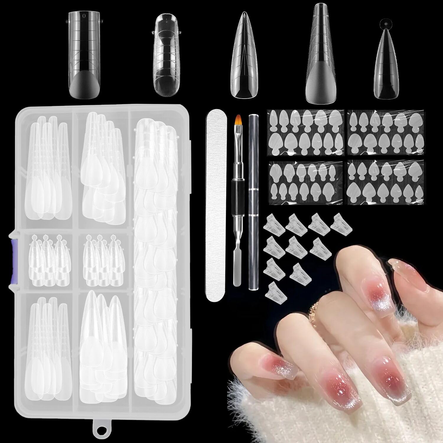 Fosoloni 100 Stück Dual Nail Forms Set, Nagelverlängerung Kit für gelnägel Acryl Nägel mit 12 Stück Nagelspitzen Clip,1 Stück Dual-Ended Acryl Malpinsel und 1 Stück Nagelfeilen Nail Art Extension Tool