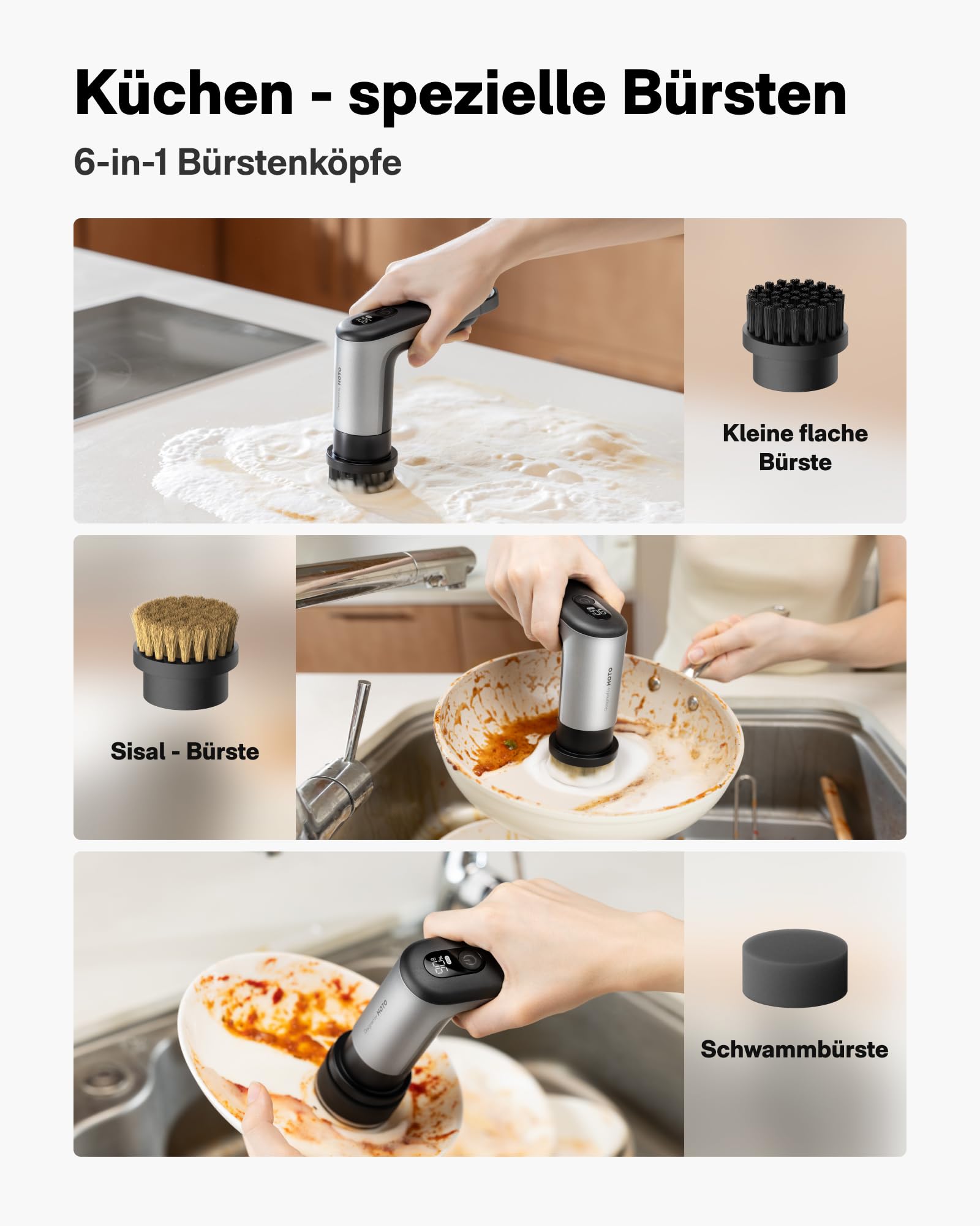HOTO Akku Elektrische Reinigungsbürste mit 6 Bürstenköpfen, IPX7 Wasserdicht, Fugenreiniger für Fliesen, Spüle, Grillpfanne, Herdplatte, Kochgeschirr, Backofen, Pfannen, Bad und Geräte Putzbürste