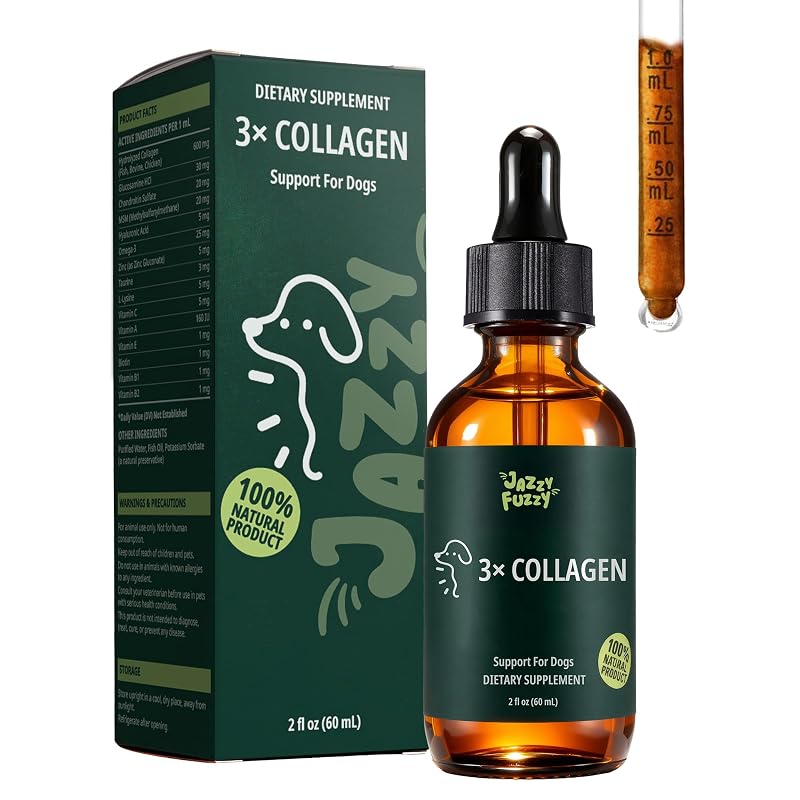 Suplemento de Colágeno Líquido para Cães Jazzy Fuzzy, com Colágeno de Peixe, Bovino e Frango, 60 mL