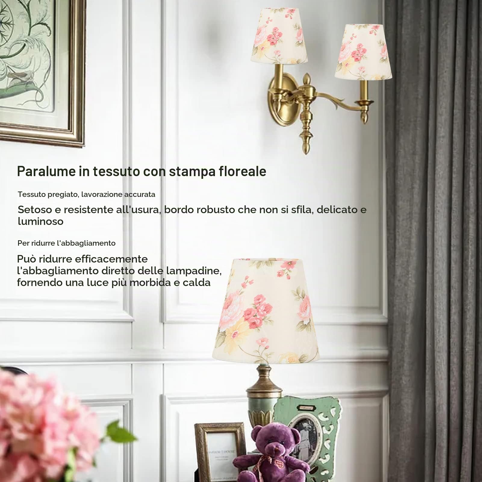 3 Pezzi Paralume in Tessuto, 9 x 14 x 13cm Paralume Abat Jour, Cono Paralumes Fatto a Mano Tessuto con Motivo Floreale Clip su Paraluma per Lampades da Tavolo Lampadario Lampada da Terra Retrò