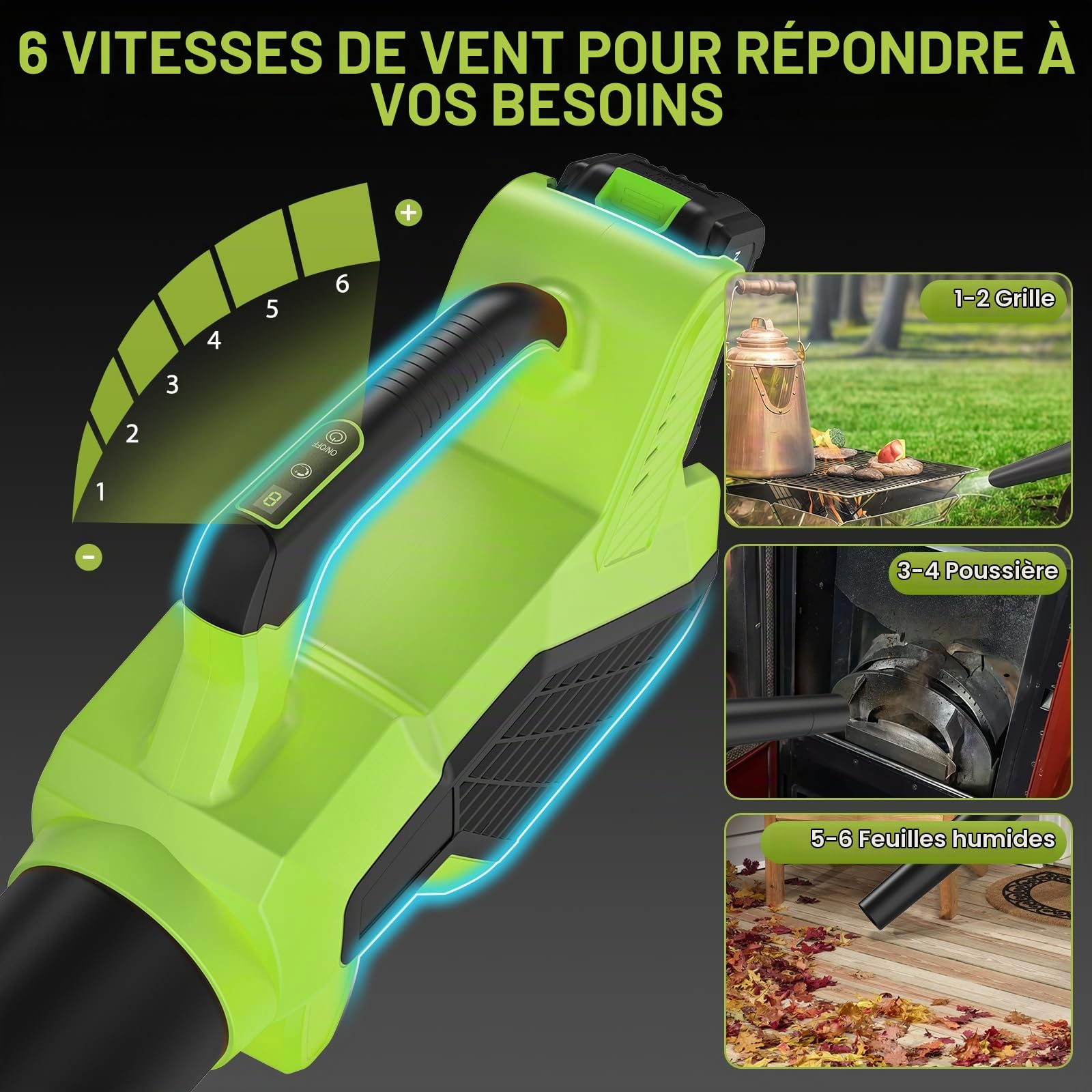 Souffleur de Feuilles, Souffleur Batterie avec 6 Vitesses, Débit d’air de 980 m³/h, 15000 TR/Min, Souffleur Feuille avec 2x4000 mAh Batterie pour Jardin Cour Pelouse
