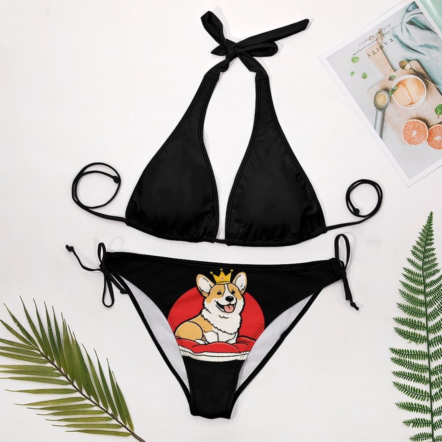 Funny Corgi with Crowned Novelty Women's 2 Piece String Bikini Set Swimsuits Bathing Suit Swimwear
