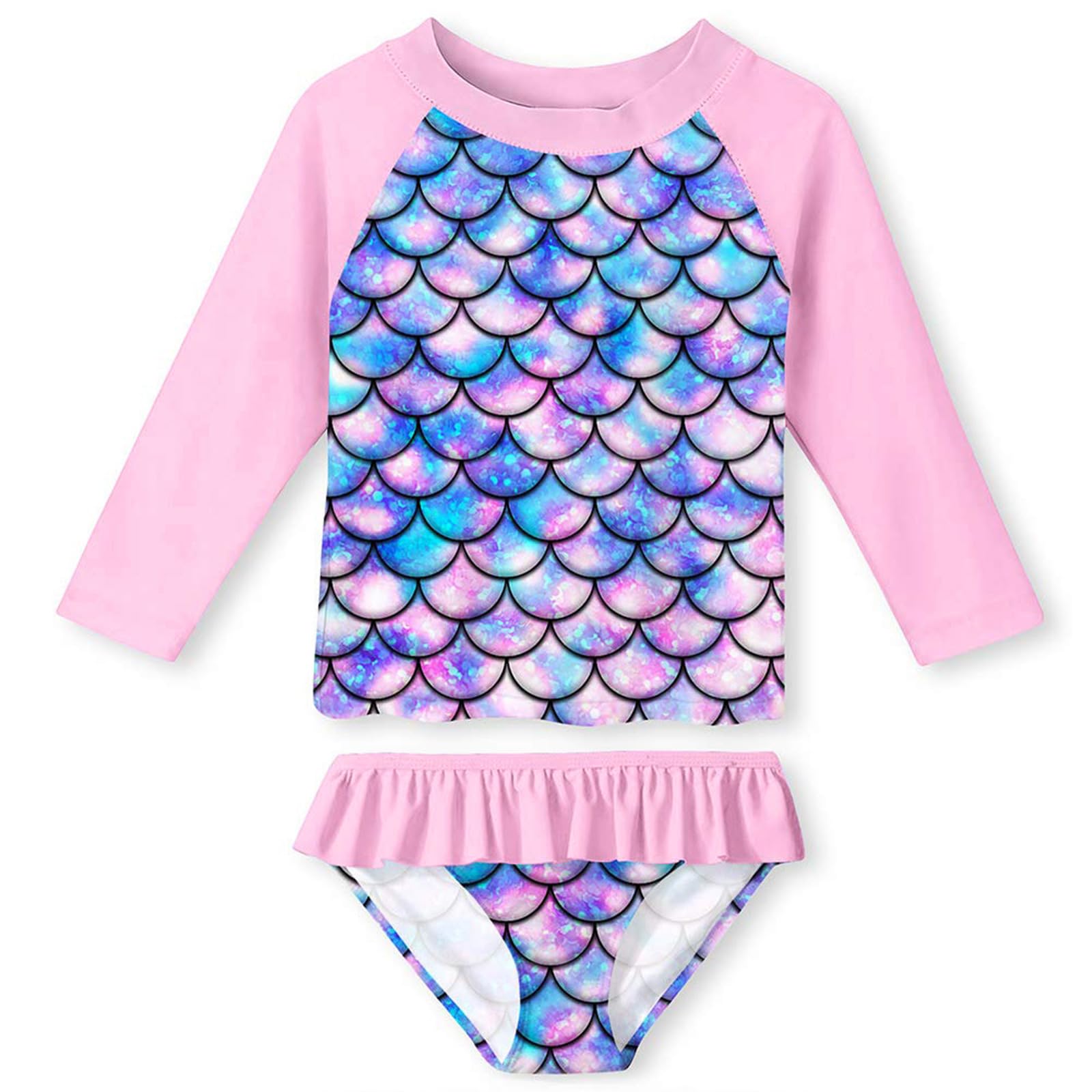 uideazone Little Girls 2-Piece Swimsuit Set Long Sleeve Rash Guard Bathing Suit with UPF 50+ Sun Protection