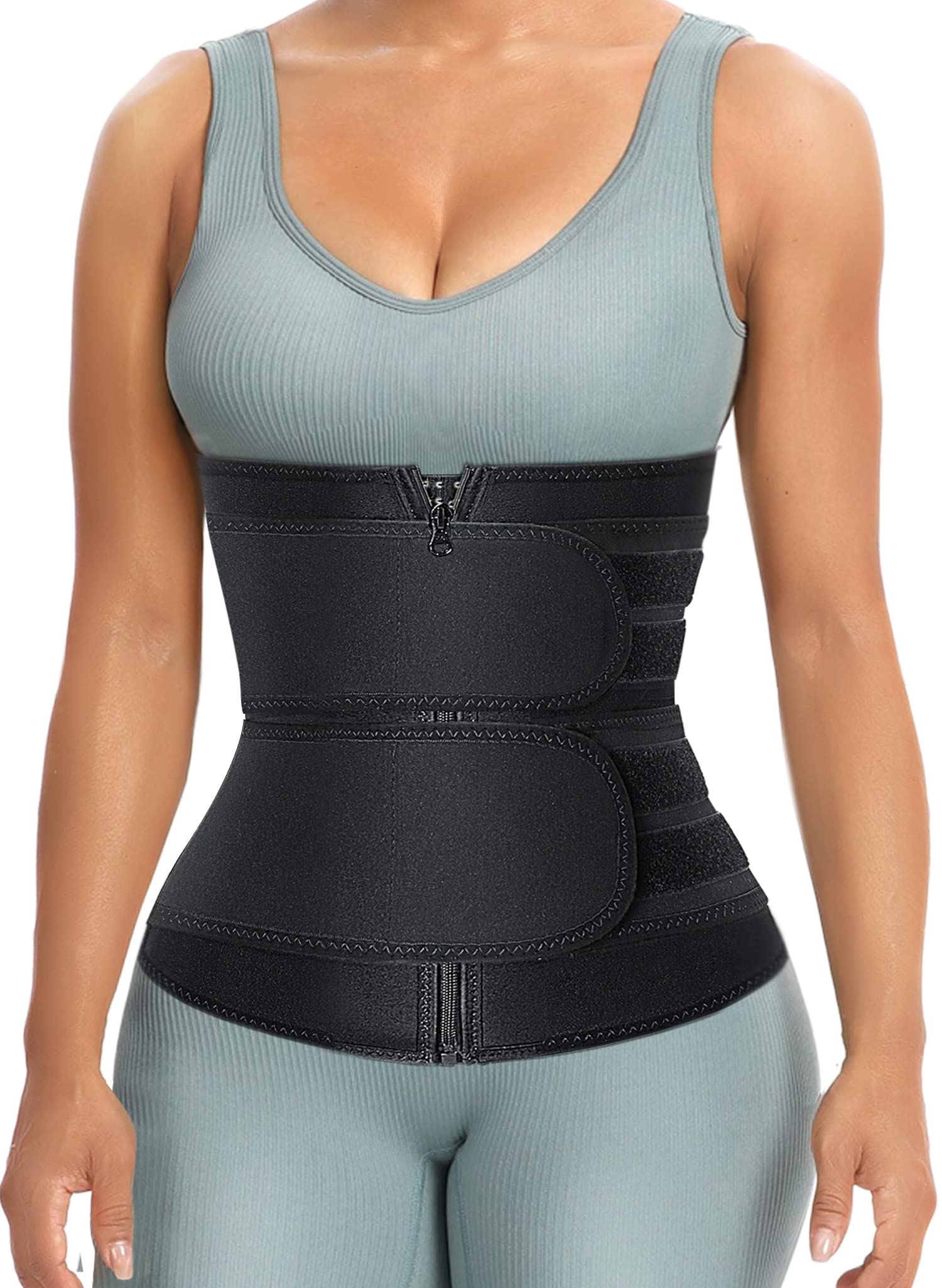 HOPLYNN Sweat Waist Trainer for Women Two Belts, Neoprene Workout Corset Waist Trainer Cincher Trimmer Shaper Zipper Black XX-Large