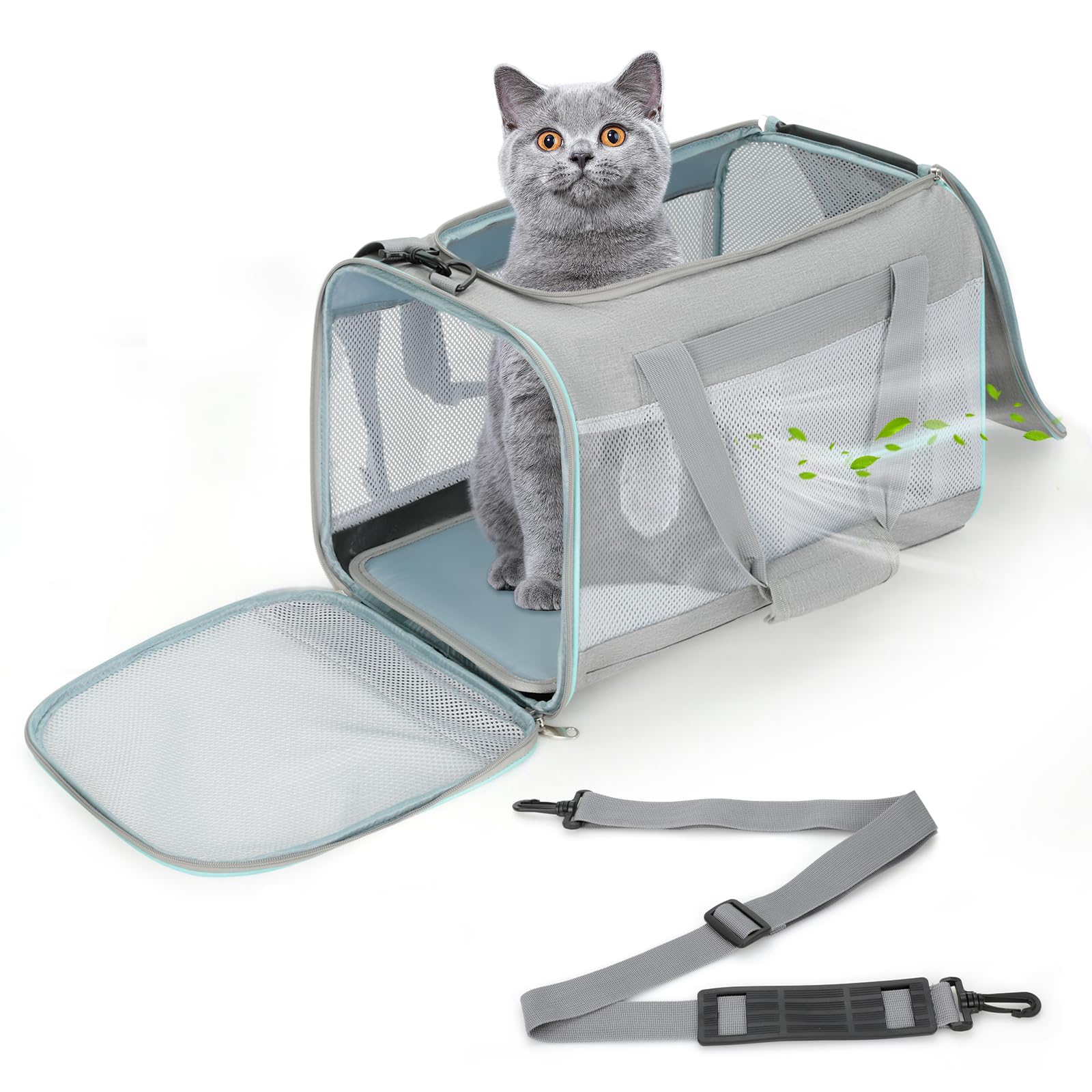 Cozary Trasportino Portatile per Gatto Cani Piccoli Pieghevole Leggero con Cuscino Tracolla Regolabile e Borsa Laterale Trasportino Rigido per Auto (45x30x30cm, Grigio)
