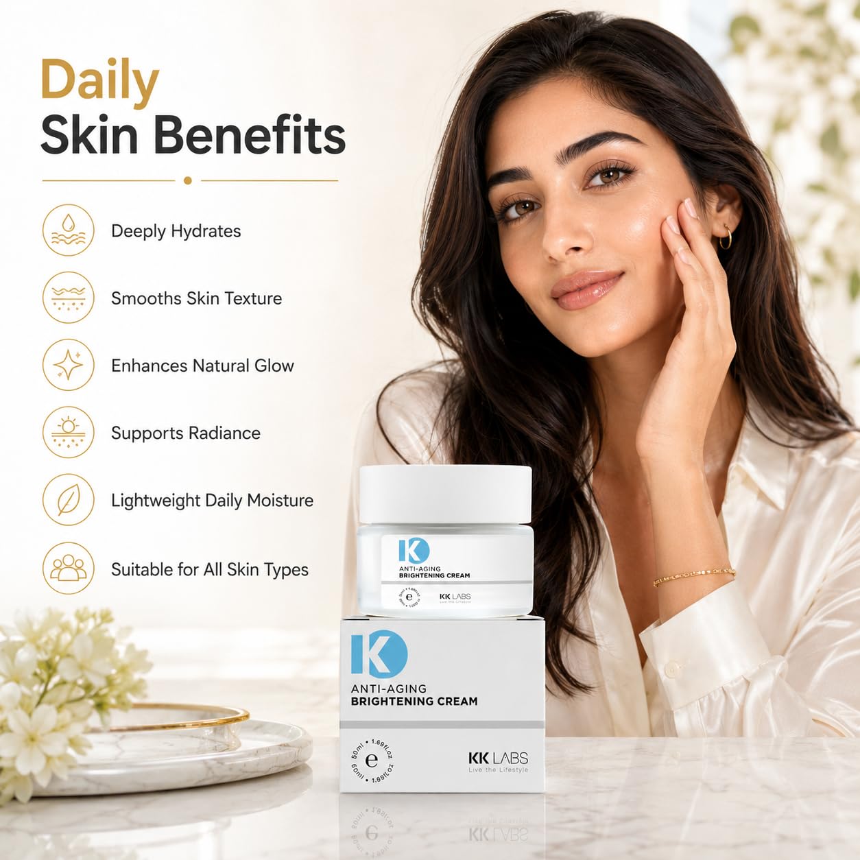 KK Labs Anti-Aging Brightening Face Cream 50ml - Daily Moisturiser to Improve the Look of Fine Lines and Uneven Tone for a Brighter, Smoother, More Radiant Complexion, Men and Women