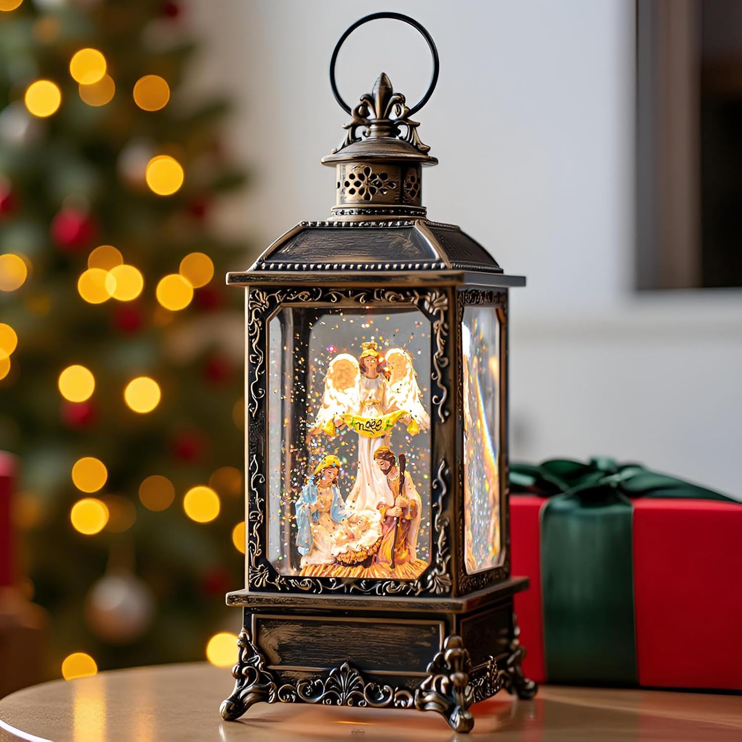 Christmas Snow Globe Lighted Angel & Nativity Scene, Musical Water Lantern in Swirling Glitter, Holiday Decorations Gifts for Family, Children or Friends