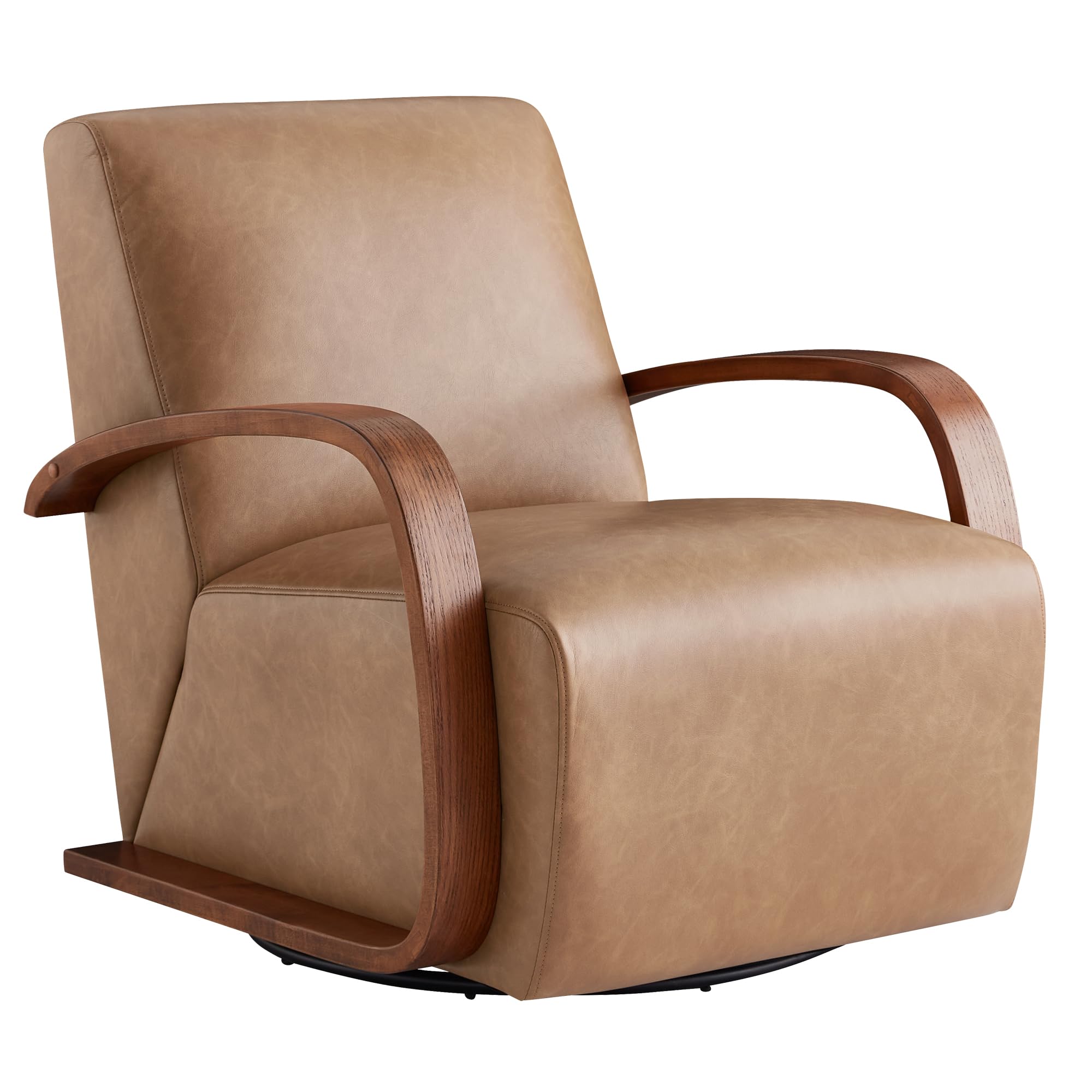 CHITA Swivel Accent Chair, Modern Arm Chair for Living Room, Cognac Brown in Faux Leather with Walnut Wood Arm
