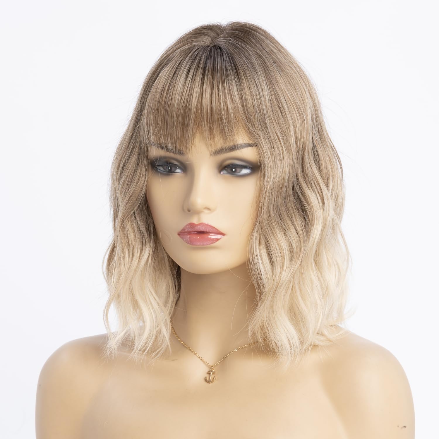 SIMKAYLEE Kurze Perücke Wellig Blond Ombre mit Stirnfransen | Schulterlang, Bob-Stil mit Pony, Für Alltag Party Karneval Fasching , 30cm