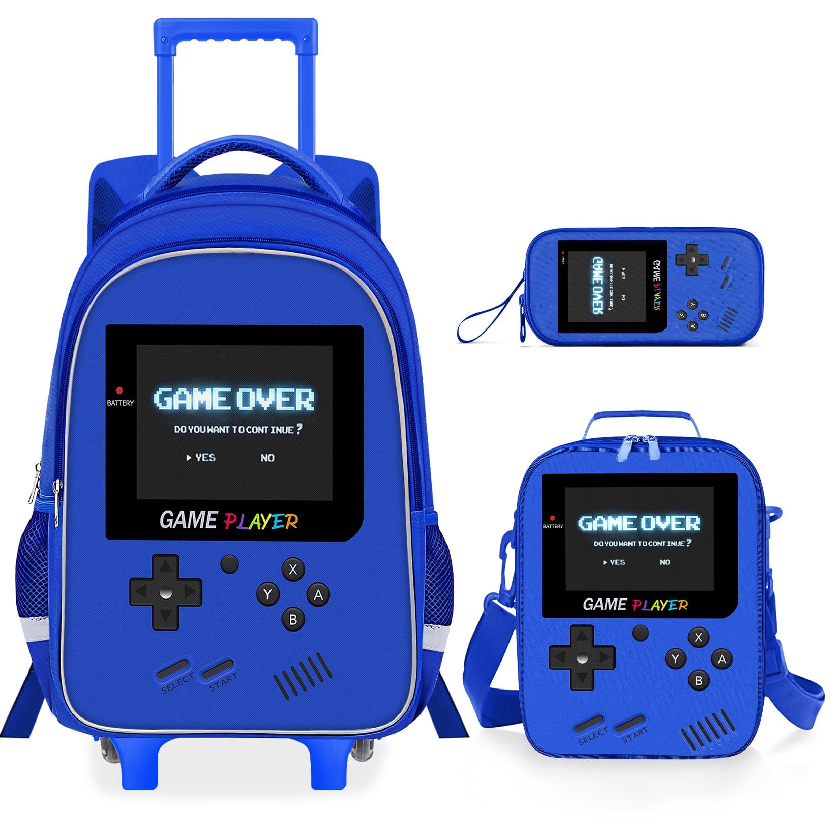 ZHIMEBYE Kids Rolling Backpack for Boys - 3PCS Gamer Boys Rolling Backpack with Lunch Bag Set, Elementary Middle School Roller Bookbag with Adjustable