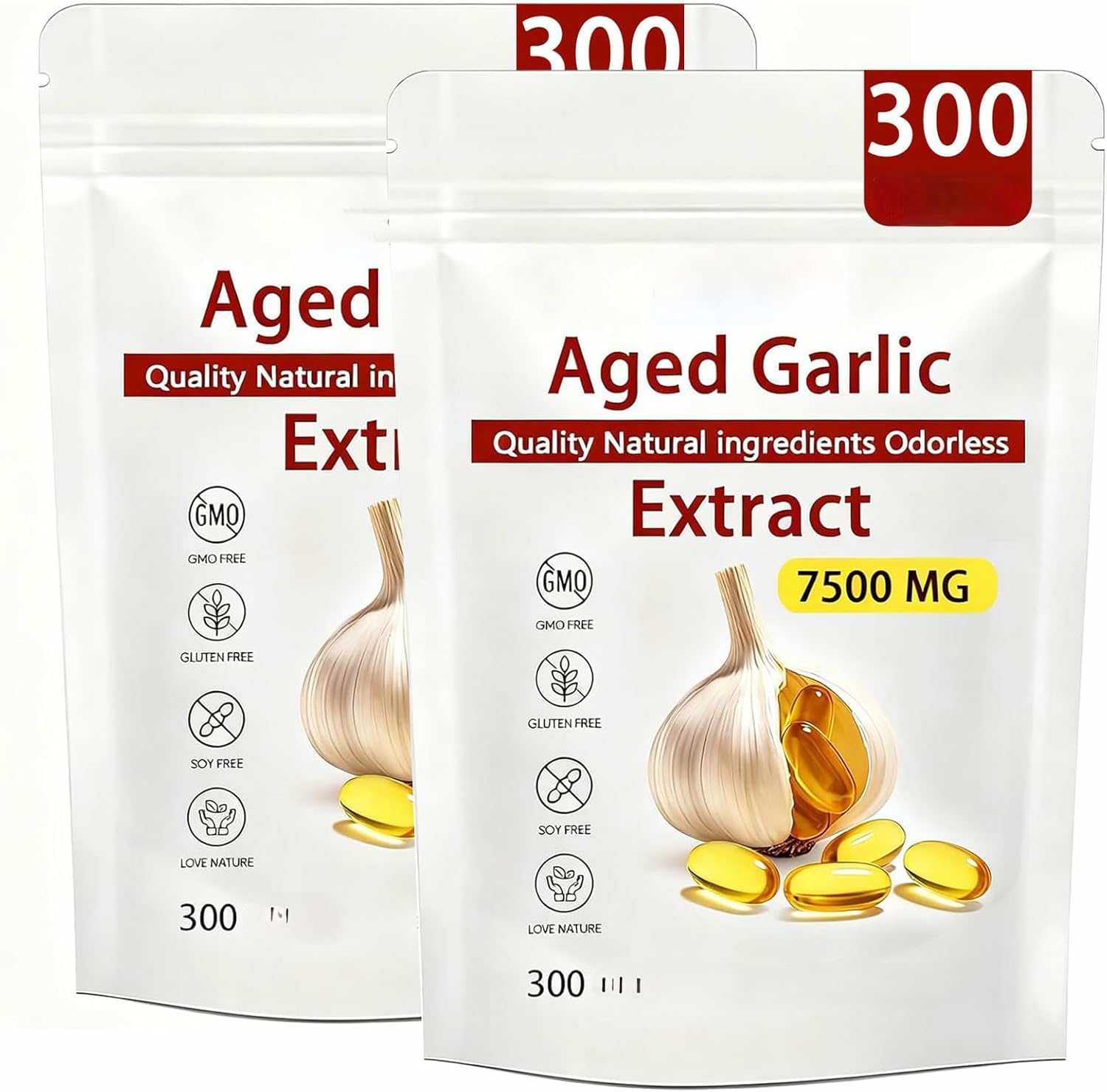 Gereifter Knoblauchextrakt - 7500mg geruchloser Bio-Knoblauchextrakt, rein natürlich, gentechnikfrei, vegetarisch, 300 Stück,2pcs