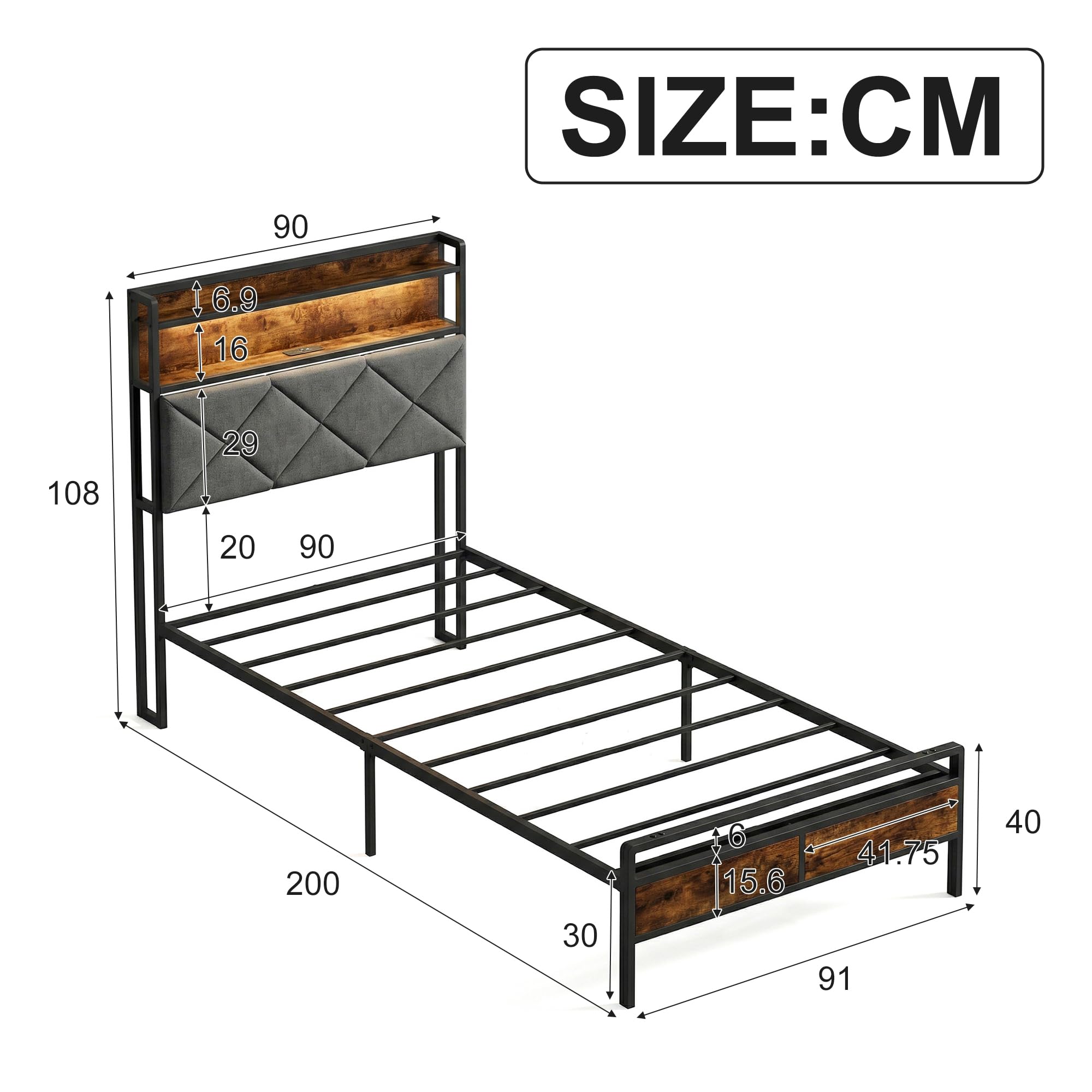 Bett 90x200 mit Metal Lattenrost, Metallbett mit Gepolstertem Kopfteil & Stauraum, Jugendbett,Polsterbett mit Leinenbezug, Doppelbett,ohne Matratze(Dunkelbraun F, 90x200 cm)