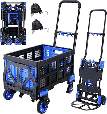 VEHIDEA 330LB Folding Hand Truck Heavy Duty Carrying with Folding Basket Blue