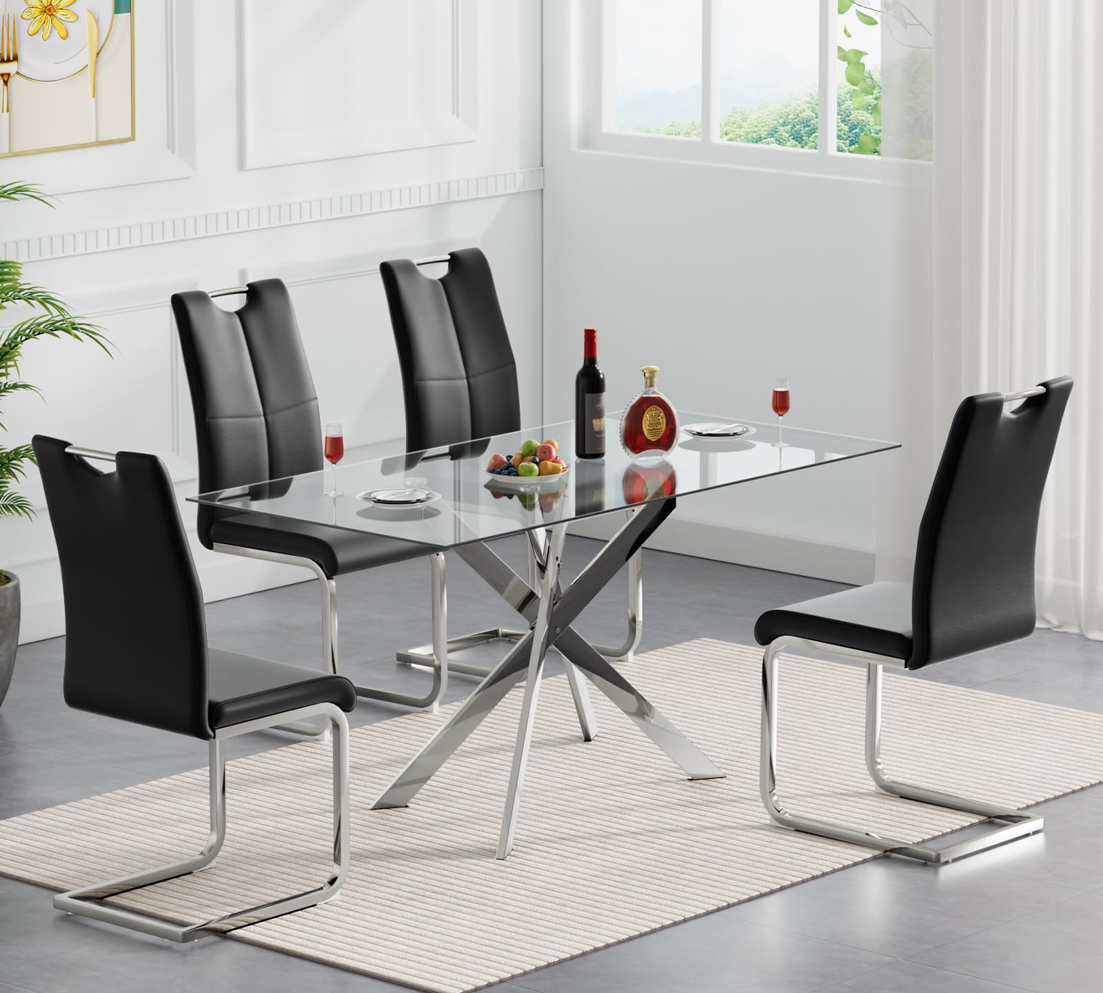 Goujxcy Modern Glass Dining Table Set for 4, Glass Silver Kitchen Table and Chairs Set, 5 Piece Dining Room Table Set with 51" Rectangle Dinner Table and 4 Black Leather Dining Chairs