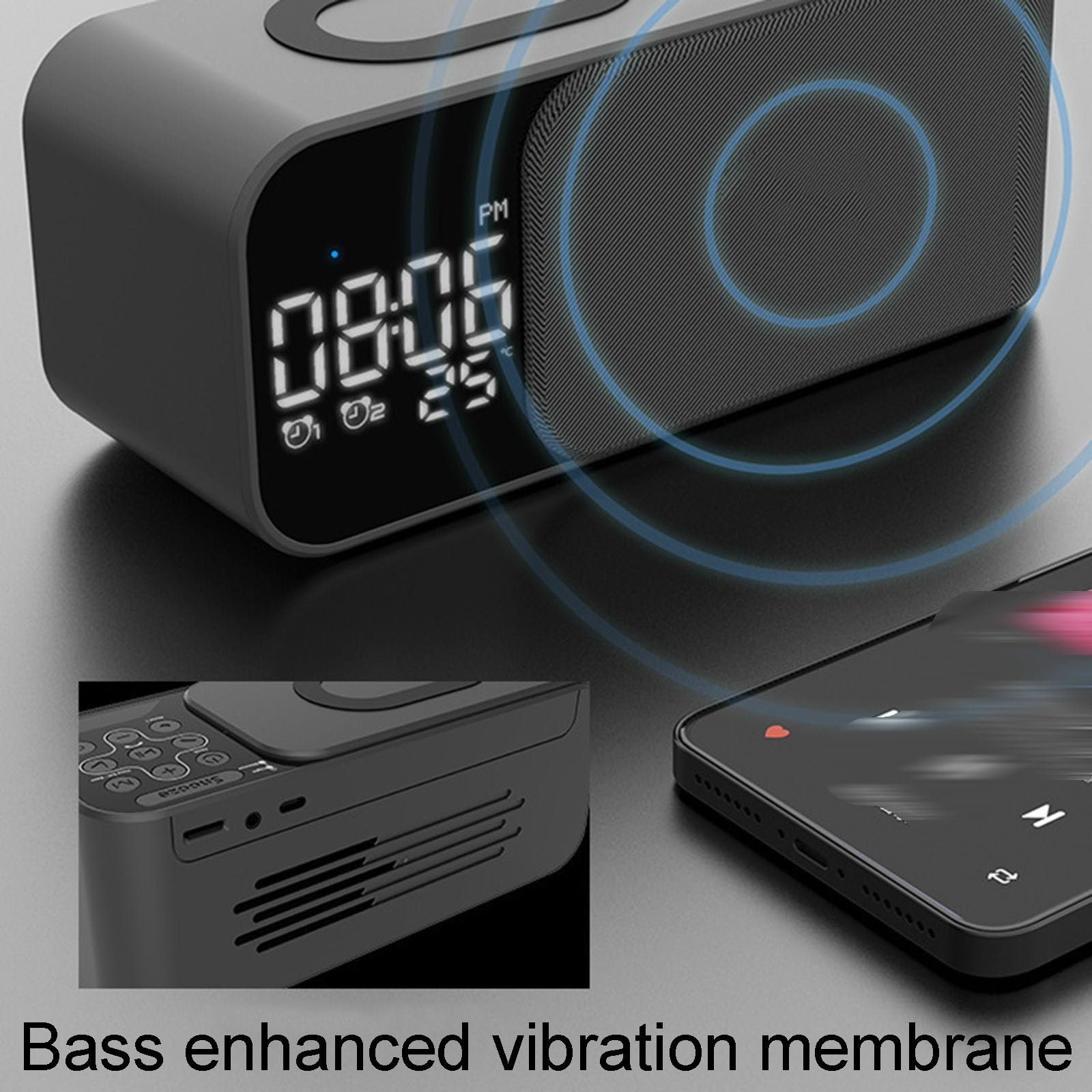 Sveglia con altoparlante Bluetooth con ricarica wireless, radio FM, doppio allarme, altoparlante da 5 W, suono potenziato dai bassi per casa o ufficio