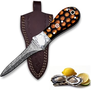 Premium Oyster Shucker Knife, Damascus Steel Clam Knife, Resin Handle Leather Sheath Seafood Opener Kit Tool, Non Slip Handle