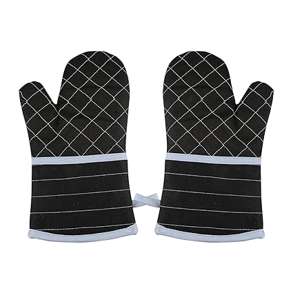 EXCLUZO 1 Pair Extended Oven Mitts Heat-Insulating 260?/500?F Kitchen-Gloves Thick Terrycloth Lining Grids Horizontal Stripes Pattern for Kitchen Cooking Baking Grilling BBQ, 12.2 Inch Black