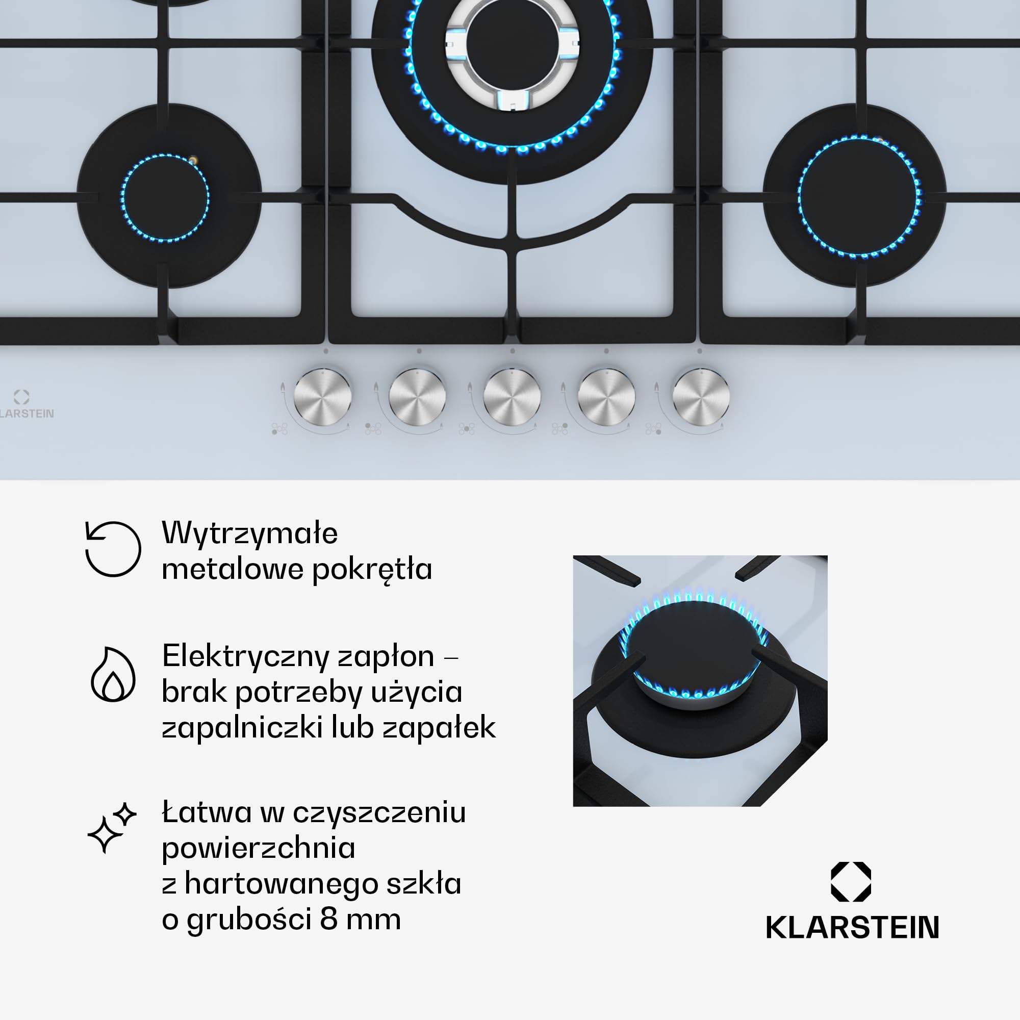 Klarstein Ignito płyta gazowa, 5 palników Sabaf, szkło hartowane, zapłon SnapJet, nasadka do woka, 75 cm, czarna, wydajne i elastyczne gotowanie, na gaz ziemny i LPG, łatwa w czyszczeniu