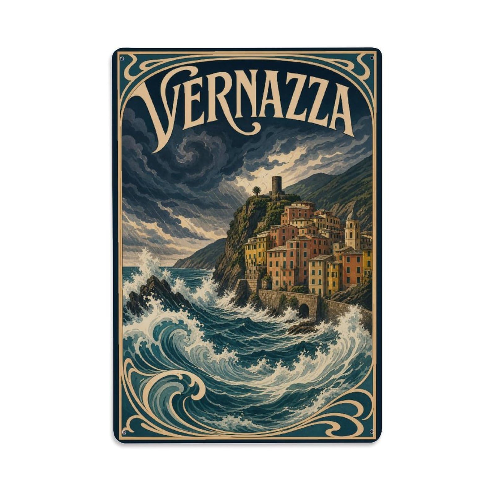 Huiyhb 8X12inch(20X30cm) Vintage Travel Vernazza Storm Waves Dramatic Sea Italy Metal Tin Sign