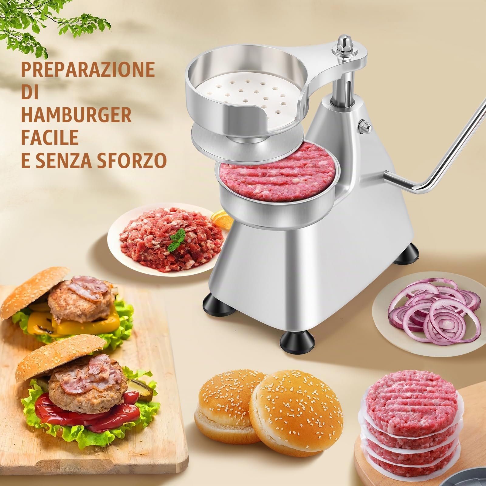 Moongiantgo 3-in-1 Hamburgatrice, Pressa per Hamburger in Acciaio Inox | Macchina Commerciale per Hamburger Pressa con 3 Vassoi di Dimensioni 4/5/6" & 1500 Pezzi di Carta per Hamburger (10/13/15CM)