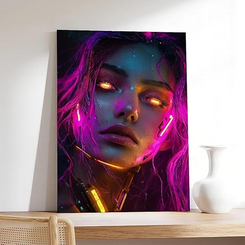 Miniatura 7 de XAHOR Neon Cyberpunk Woman Wall Art  Vibrant Retro Futuristic Digital Portrait Poster Canvas Wall Art Print Poster For Home School Office Decor