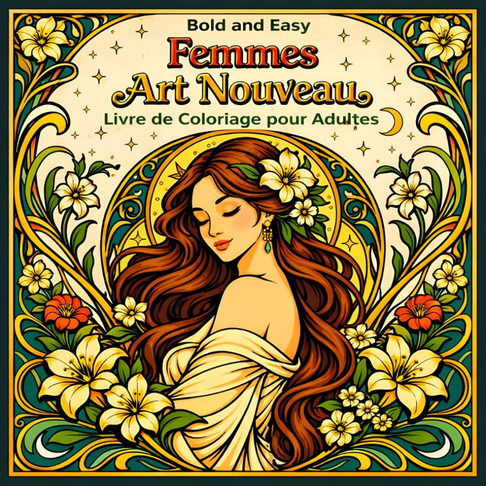Bold and Easy Femmes Art Nouveau: Livre de Coloriage pour Adultes avec Portraits Élégants et Motifs Floraux