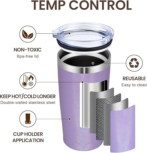 Miniatura 2 de MEWAY Paquete de 8 vasos de 20 onzas con aislamiento al vacío de doble pared con purpurina, vasos de acero inoxidable con tapa y pajilla, tazas de