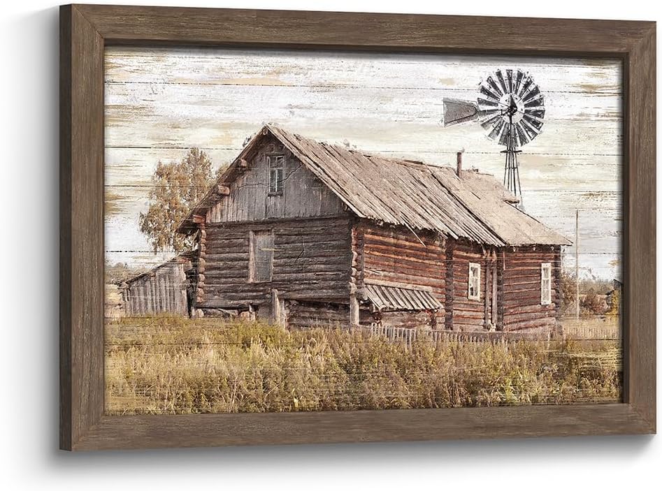 Farmhouse Wood Wall Art Framed: Rustic Landscape Picture Old Country Barn Painting Decor Countryside Farm Animal Landscape Artwork for Bedroom Living Room
