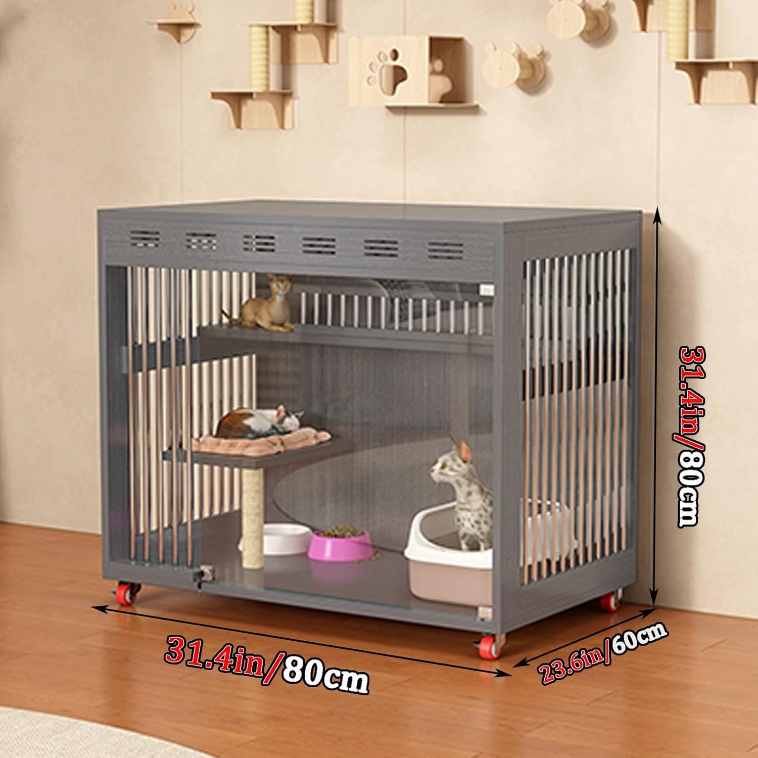 Cat Enclosures, Solid wood extra large space, Internal fence to prevent falling, Double-sided ventilation Cat Cage, Suitable for small pets rabbits/Hedgehogs/Cats/Guinea pigs(Yellow)