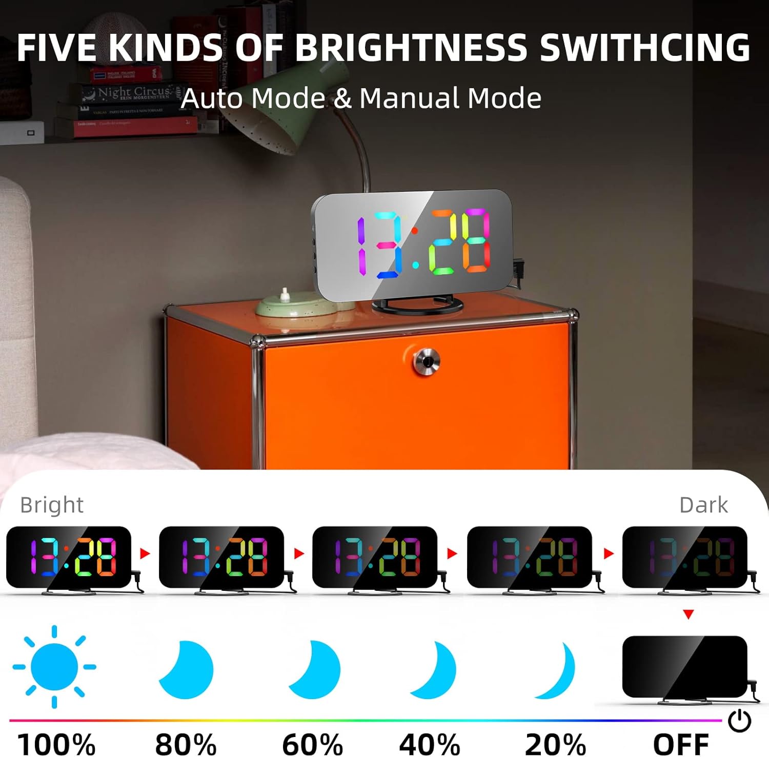 ThreeH RGB Digital Alarm Clock with 11 Colors Changing for Bedroom LED Mirror Display Clock for Kids Teens Room Bedside Decoration Black