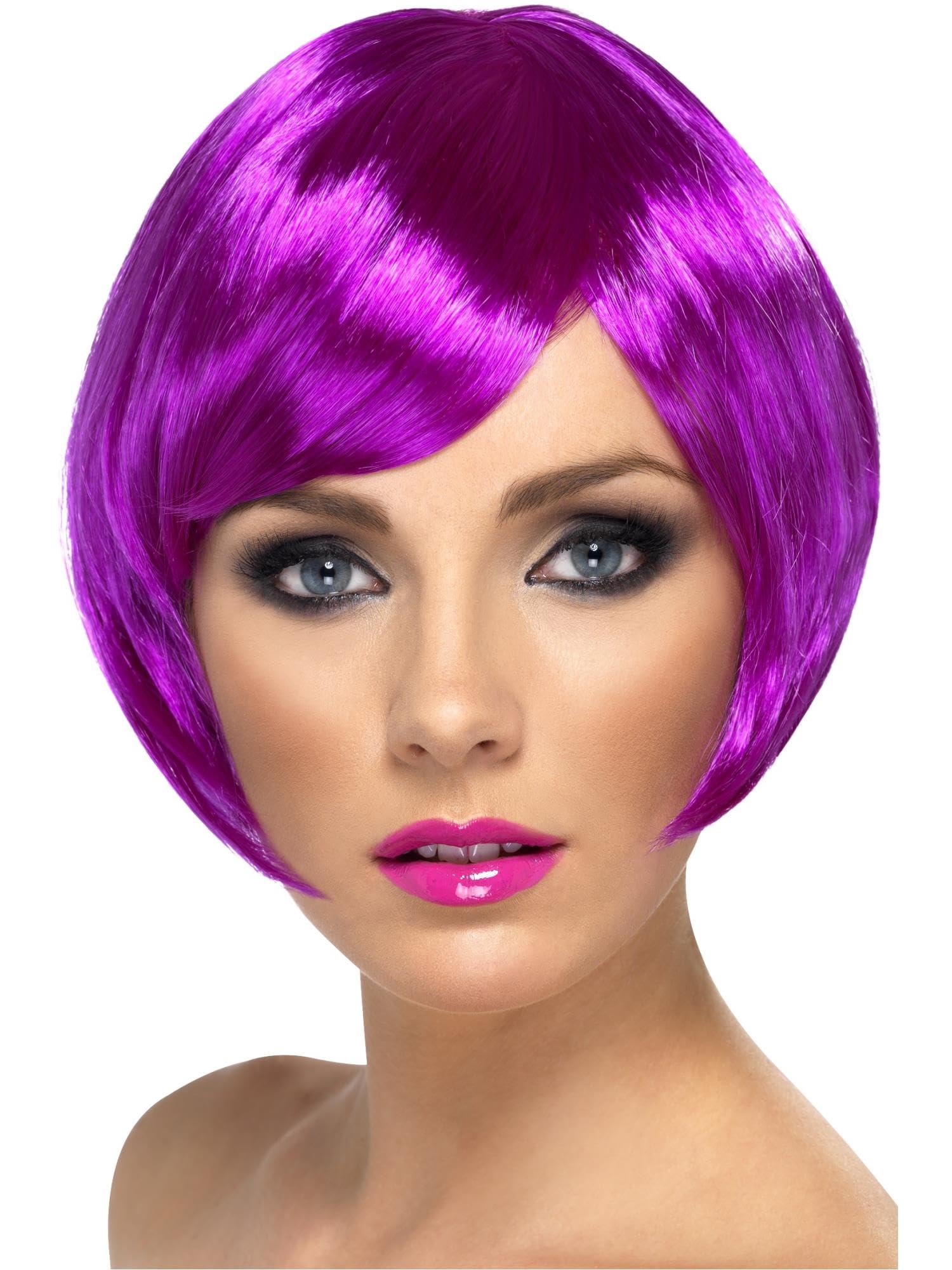 Smiffys Babe Wig, Purple Short Bob with Fringe, Ladies Glamour Wigs Fancy Dress, Adult Dress Up Wigs