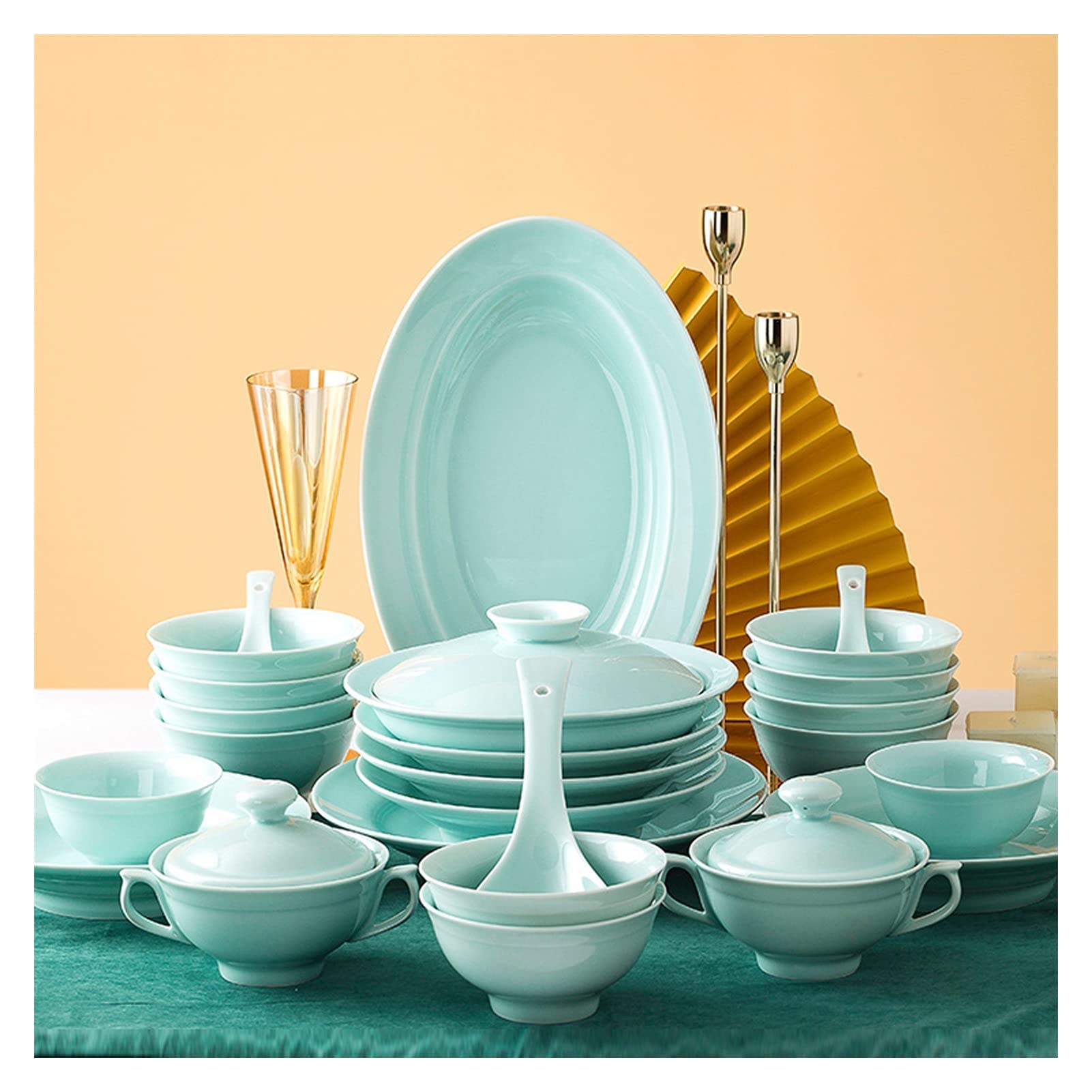 Geschirr-Sets, Geschirr-Set, 62-teiliges Geschirr-Set, Celadon-Geschirr-Set, Haushaltsgeschirr, Teller- und Schüssel-Set