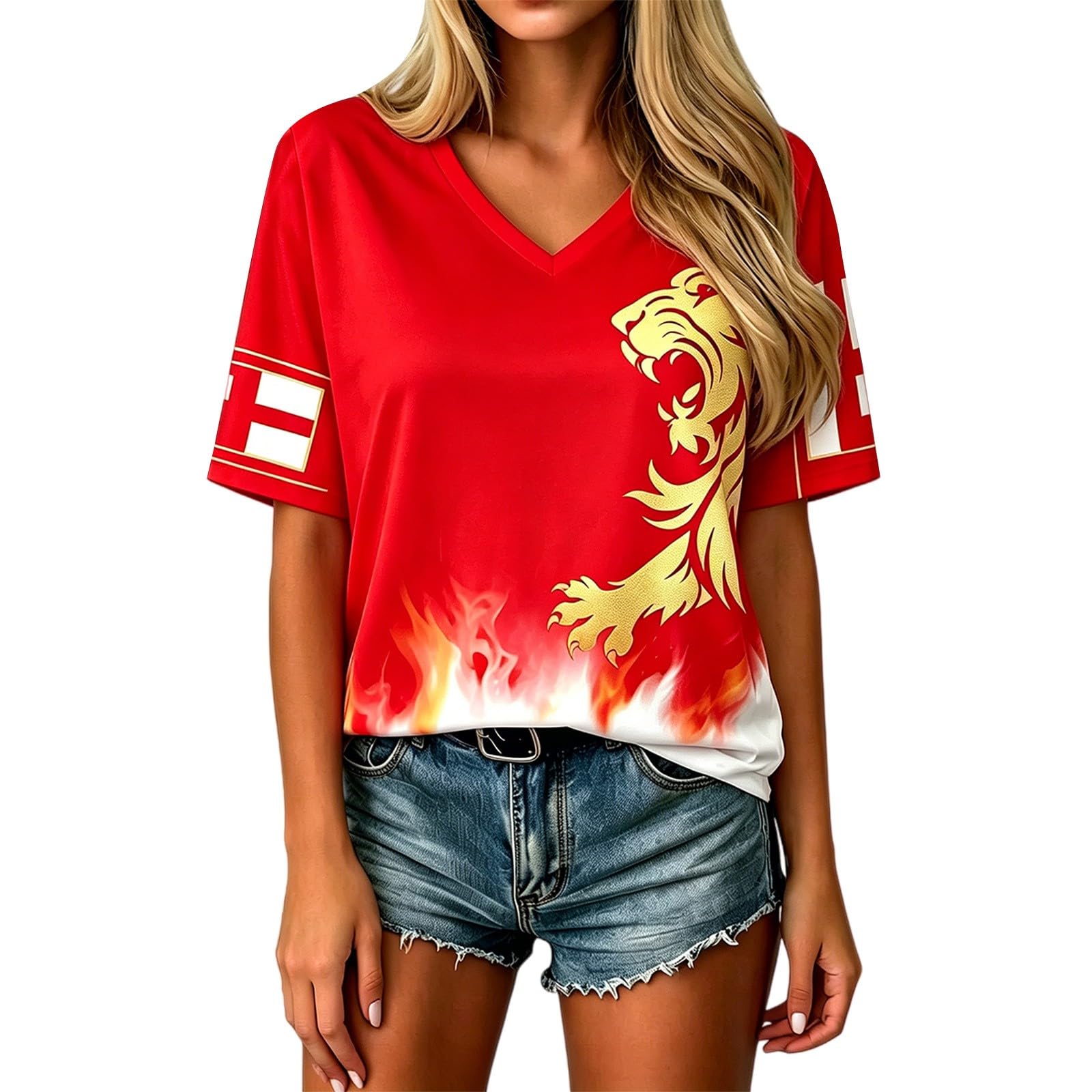 HOOUDO Italy Football Shirt Short Sleeve Jersey Retro Graphic Printed V Neck Training Tops Breathable Lightweight Ladies Soccer T-Shirt Athletic Shirts