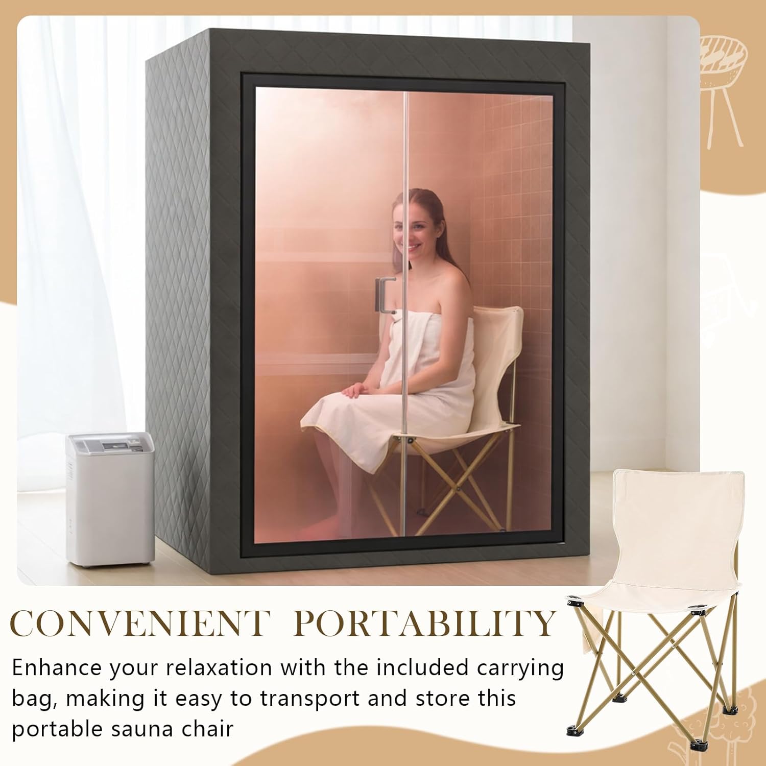 Portable Sauna Chair Fast Folding, Lightweight Compact Chairs with Carrying Bag for Outdoor Travel Beach Picnic Festival Camping Fishing Hiking Backpacking(Beige,Folding Chair)