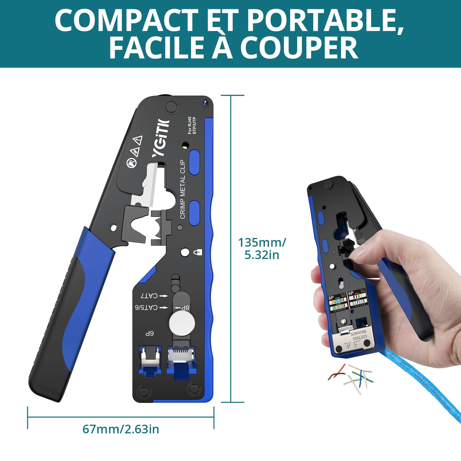 Pince à Sertir RJ45 Kit d'Outils de Sertissage RJ45 | Testeur de Câble Réseau avec Pince à Dénuder, CAT6 Tête en Cristal Plaqué Or, pour Connecteur Réseau CAT5/CAT6/CAT6A/CAT7