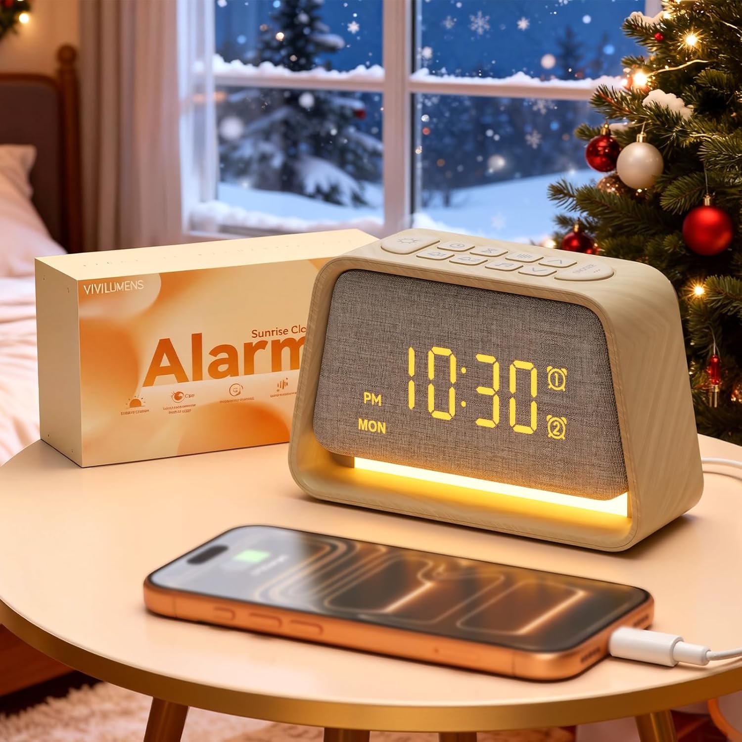 Vivilumens Wooden Alarm Clock White Noise Sound Machine for Sleep 10 Soothing Sounds 10 Natural Sounds for Adults Sleeping Time Setting Digital Dimmable Clock for Bedroom Dual Alarm Christmas Gifts