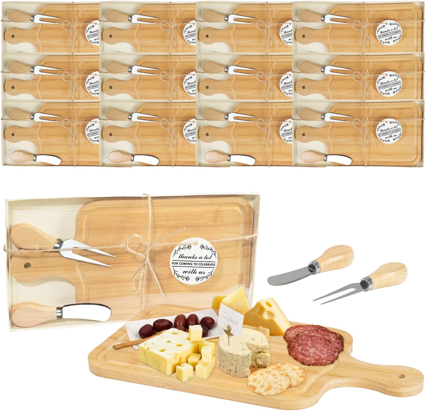 12 Pcs Bridal Baby Shower Cheese Prizes Wooden 11.8 inch Square Board Gift Set Knives Forks Thank You Tags with Box for Guests for Valentines Bridal Baby Shower Housewarming Gifts