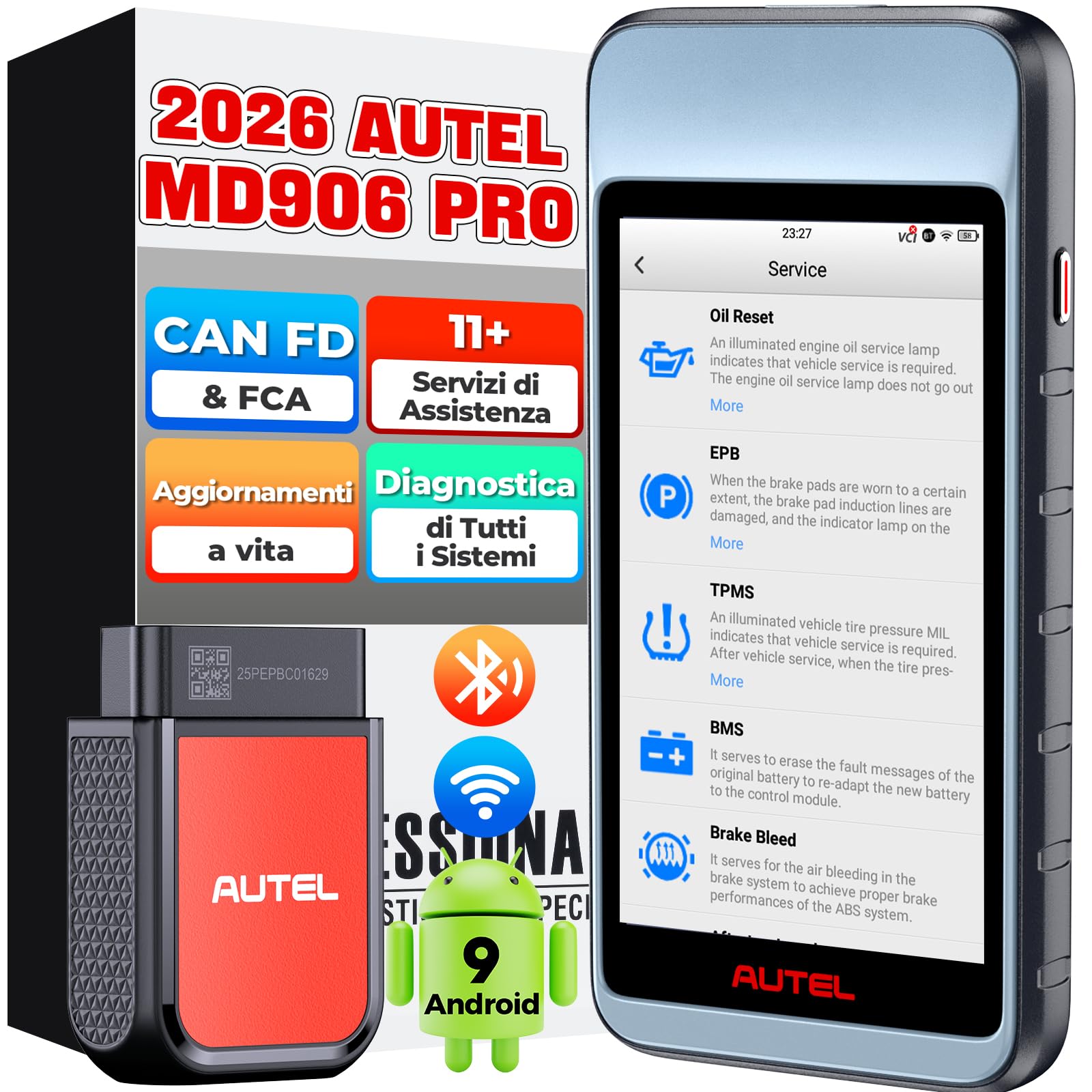Autel MaxiDiag MD906PRO Strumento Diagnosi Auto: 2026 Bluetooth Ver. di MaxiCOM MK808S MX808S, Successore di MD808PRO MD806 OBD2 Diagnosi Auto Tutte, CAN FD FCA, 11 Servizi, Nessun Costo Abbonamento