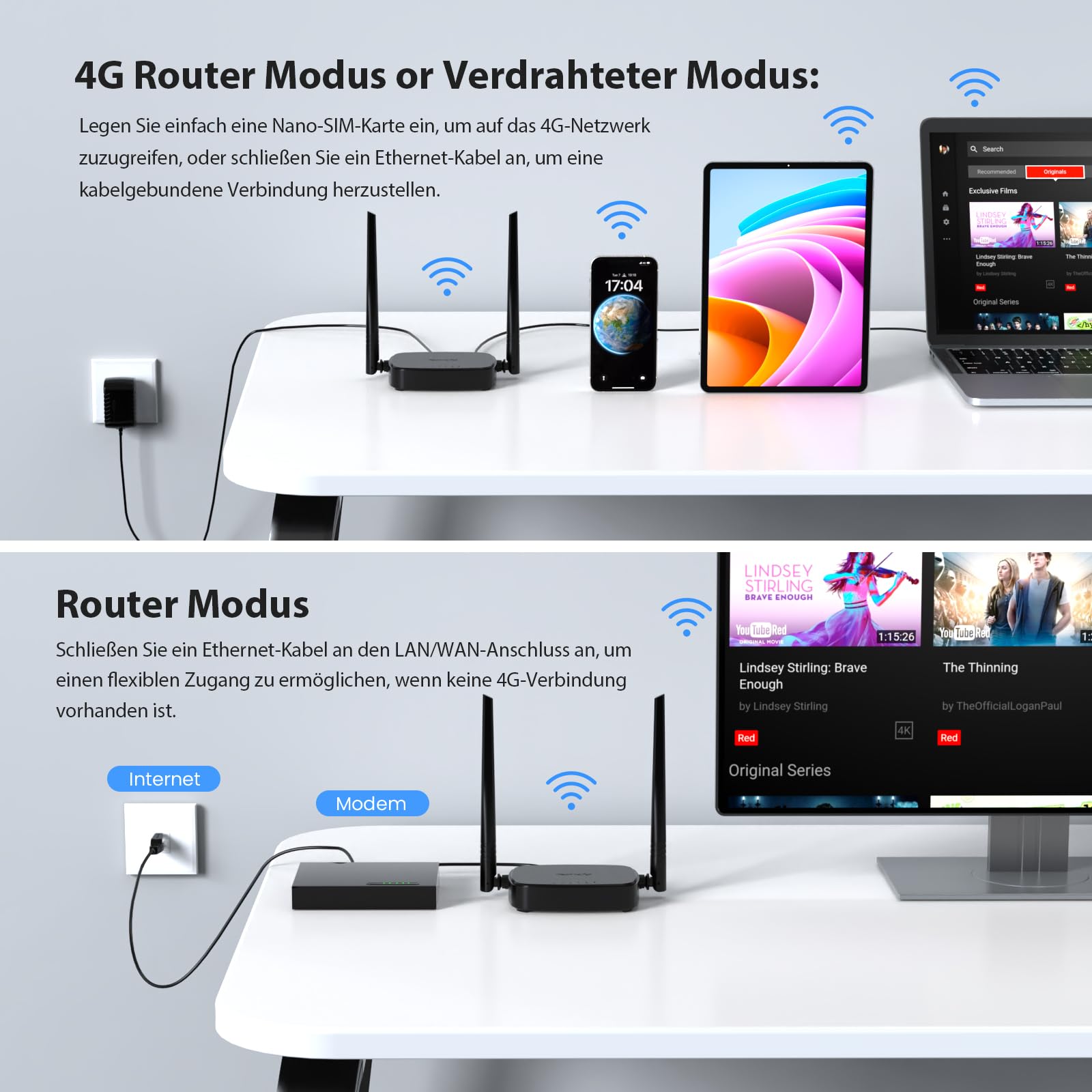 Tenda 4G03 Pro LTE Router, Mobiler WLAN Router SIM-Karte (4G Cat4 bis 150 Mbit/s, 300 Mbit/s 2.4GHz) USB-DC und LAN/WAN-Ports, Plug and Play, bis zu 32 Geräte, WiFi Router mit Gast Kindersicherung
