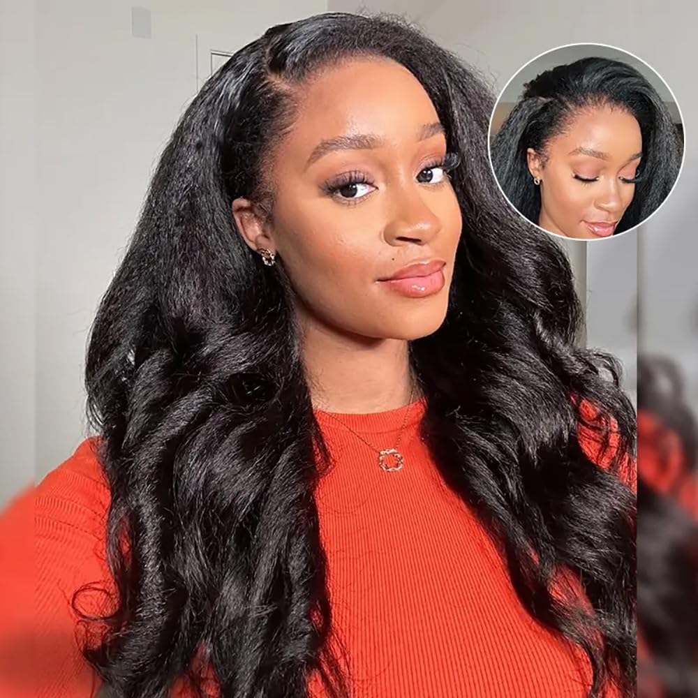 Half Wig Human Hair Kinky Straight Wigs for Black Women 180 Density Yaki Straight Glueless Wigs Ready to Go 3 In 1 Seamless Flip Over Drawstring Headband Wig for Women Clip in No Sew In 20 Inch - Image 2