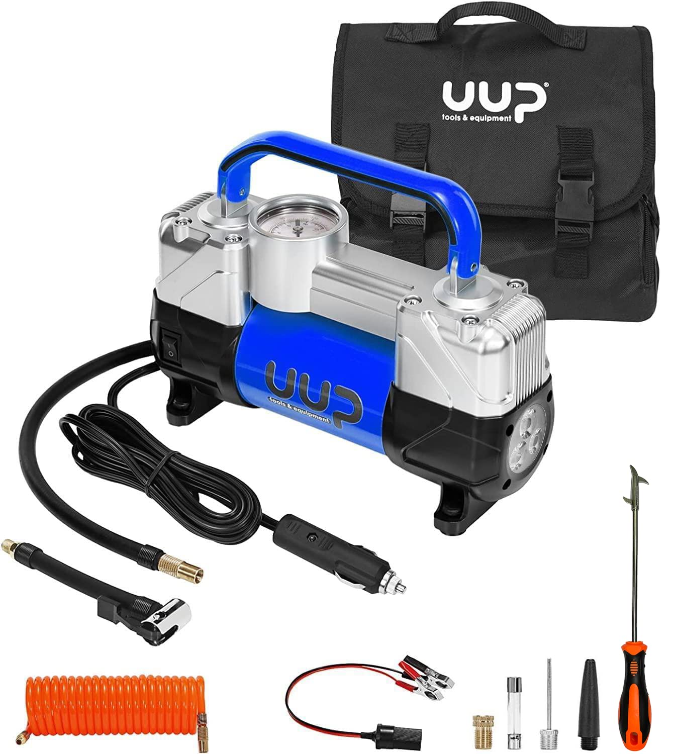 UUP Tire Inflator Air Compressor, 150PSI 12V DC Double Cylinders Heavy Duty Portable Air Pump w/Emergency LED Light for Truck, SUV, Car, RV