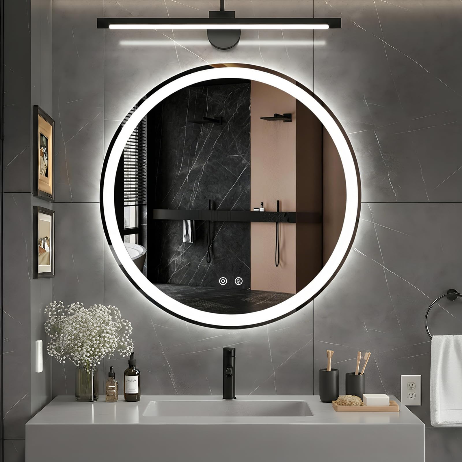 DUMOS 30 Inch Round LED Bathroom Mirror with Lights Circle Vanity Mirror with Anti-Fog Dimmable 3-Color Light Memory