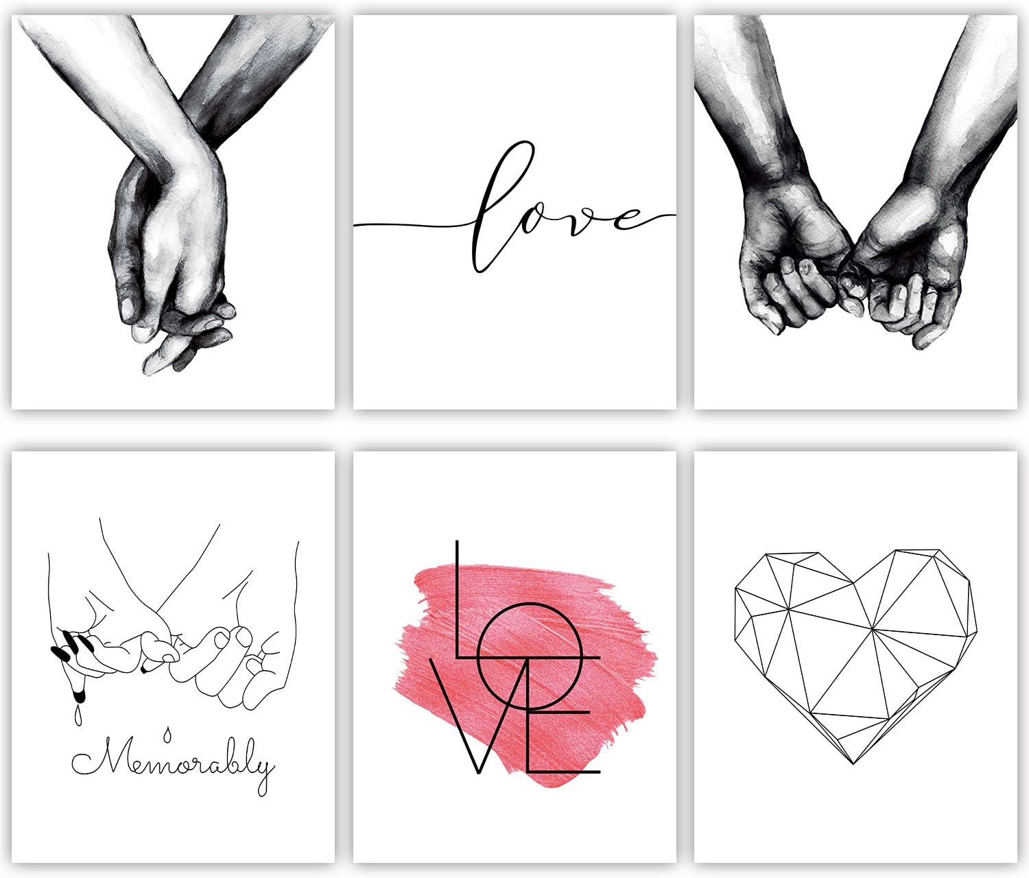 HOMIEVAR Hand in Hand Canvas Print Wall Art Minimalist Abstract Love Poster Black and White Line Drawing Art Decor for Living Room Bedroom (6 Pcs Unframed, 8x10 inches)