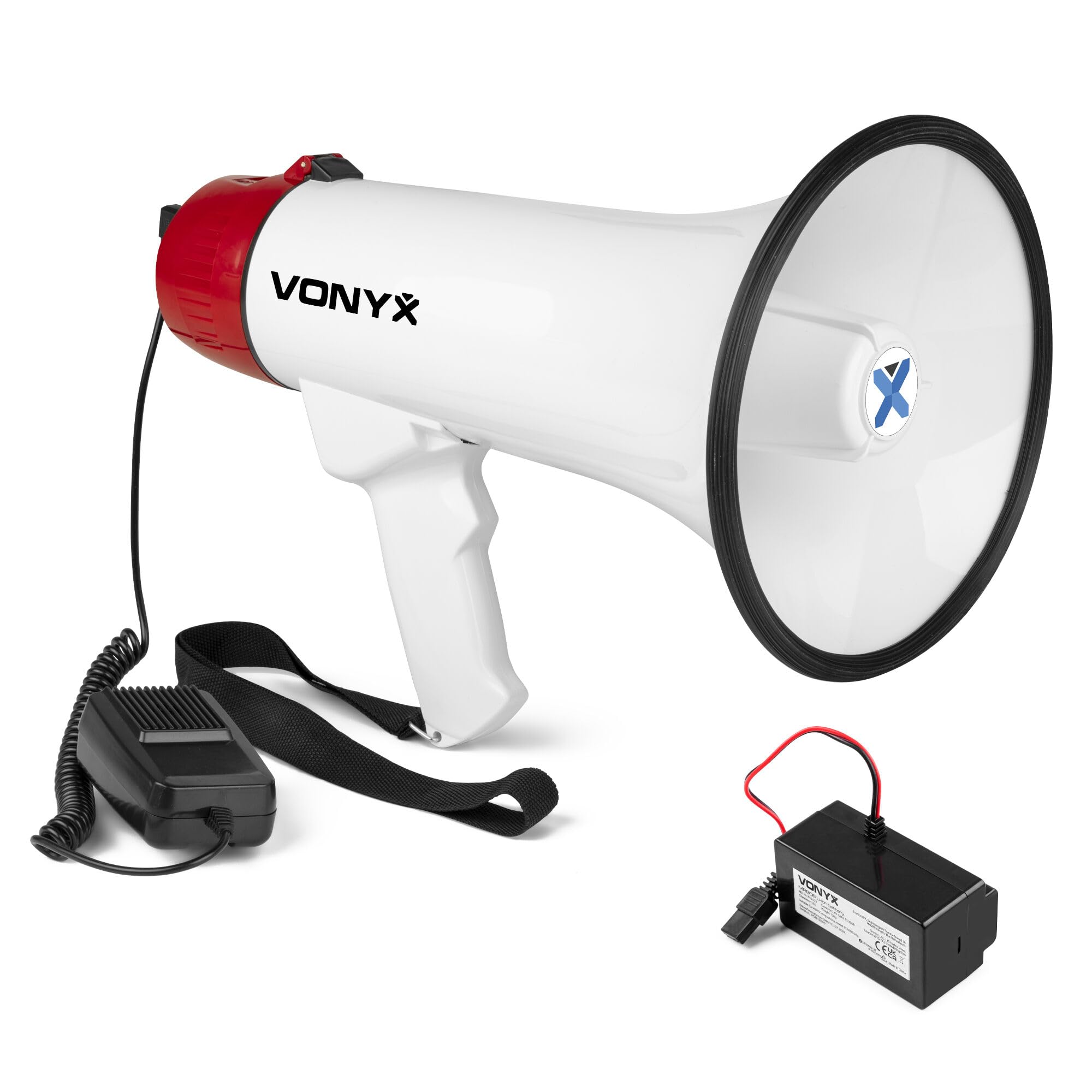 Vonyx MEG045 - Akku Megaphone mit Sirene und Mikrofon, inkl. Akku, Bluetooth, Aufnahmefunktion, 45 Watt Megafon, bis 1000 Meter Reichweite, Megaphon mit Umhänge-Gurt, MP3, USB, SD, Weiß/Rot